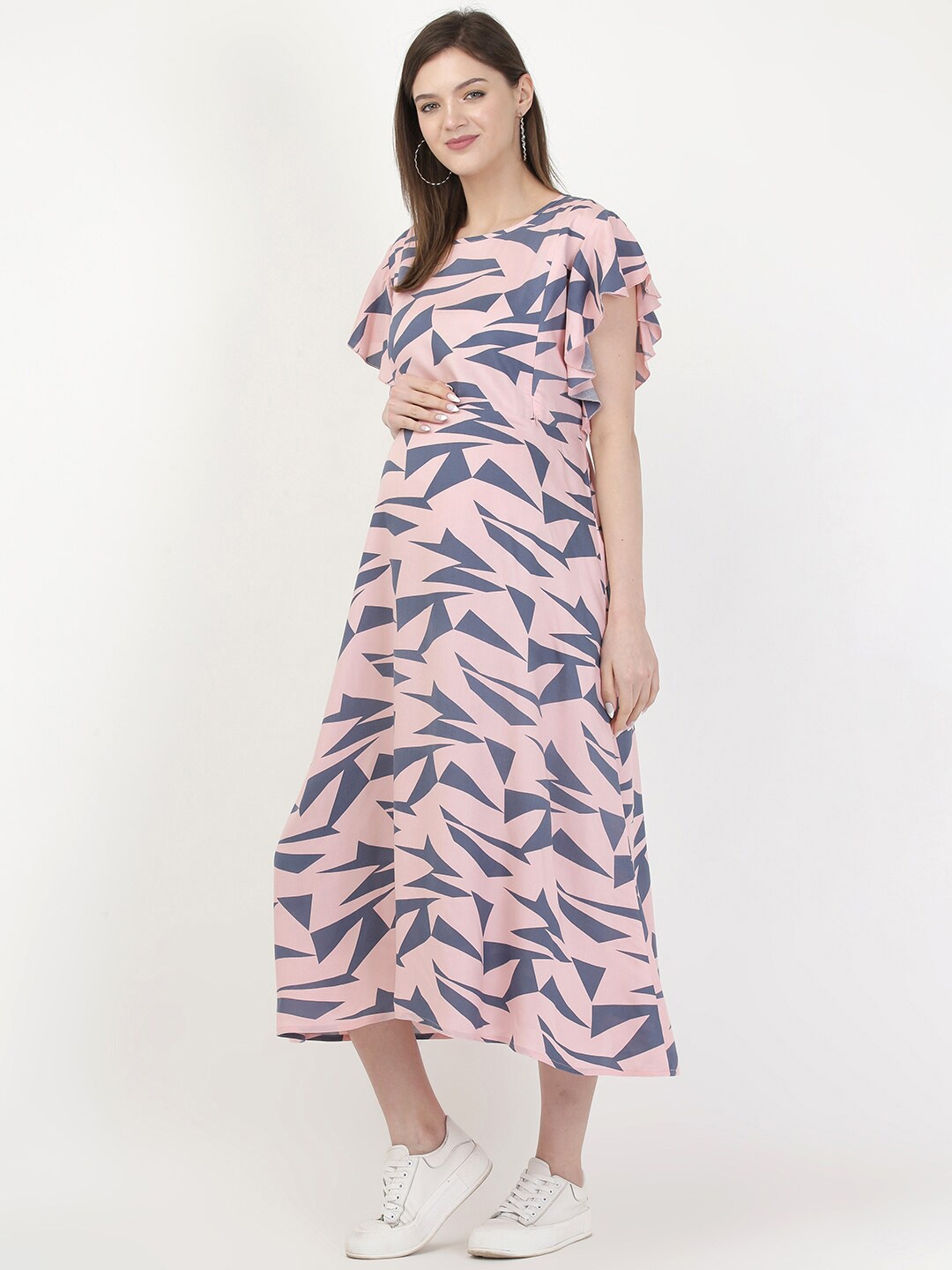 

MYLO ESSENTIALS Pink Maternity Geometric Print A-Line Midi Dress