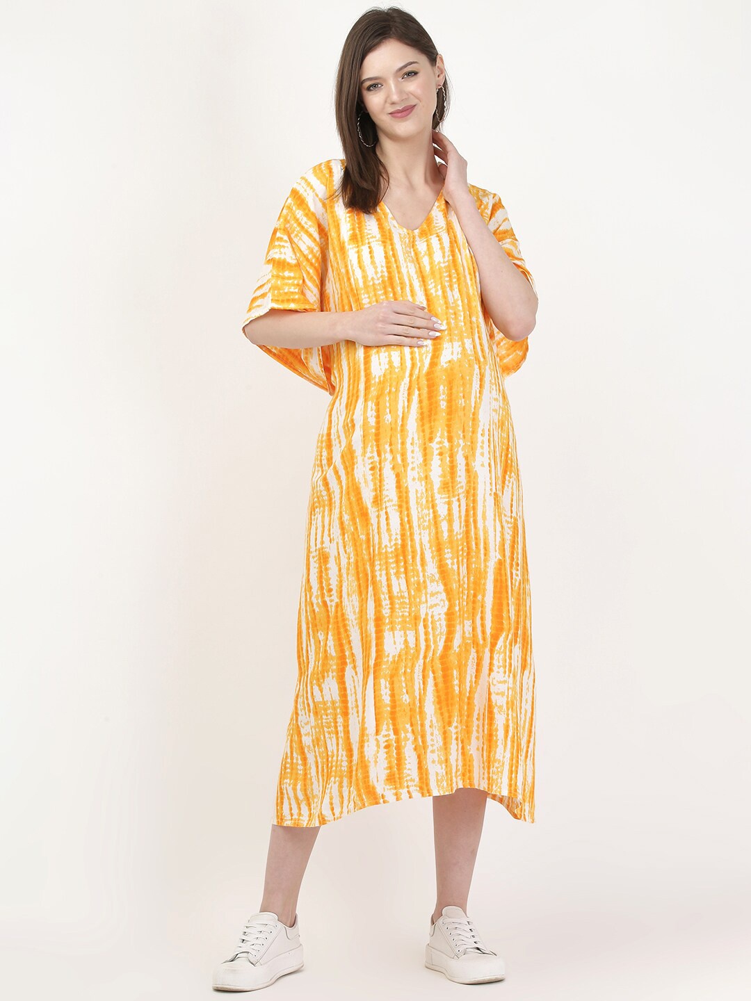 

MYLO ESSENTIALS Women Orange Maternity Kaftan Midi Dress