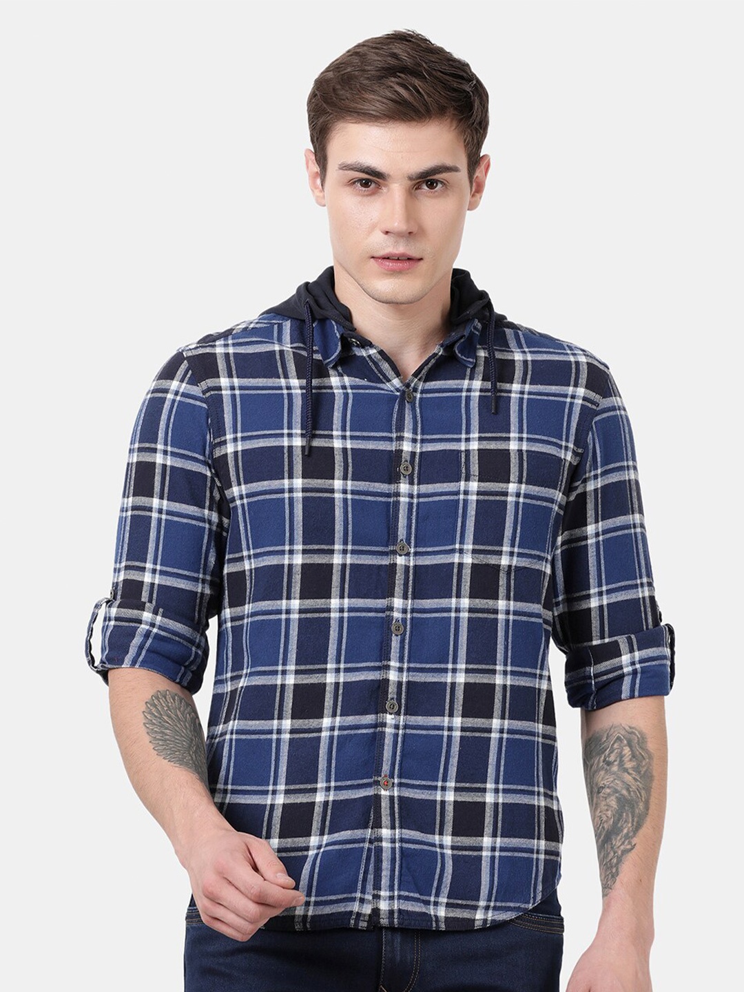 

t-base Men Blue Standard Tartan Checks Checked Casual Shirt