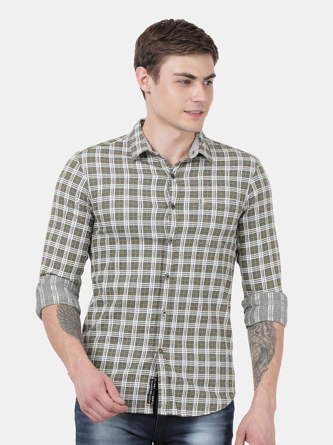

t-base Men Olive Green Standard Tartan Checks Checked Casual Shirt