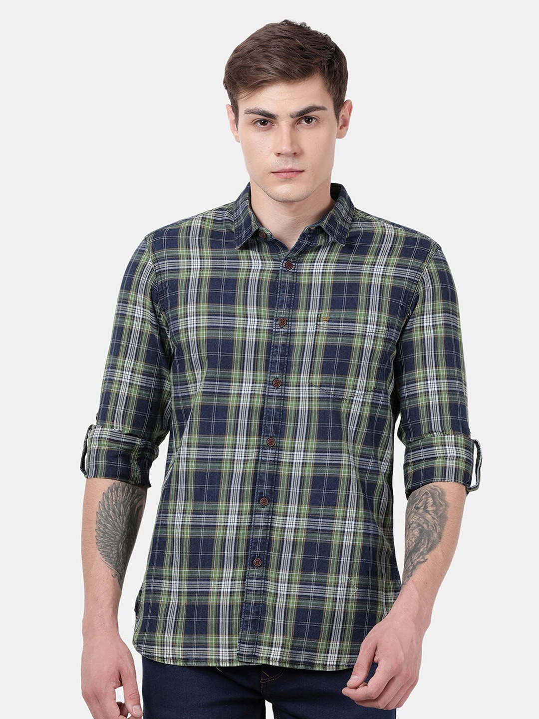 

t-base Men Green Standard Tartan Checks Checked Casual Shirt