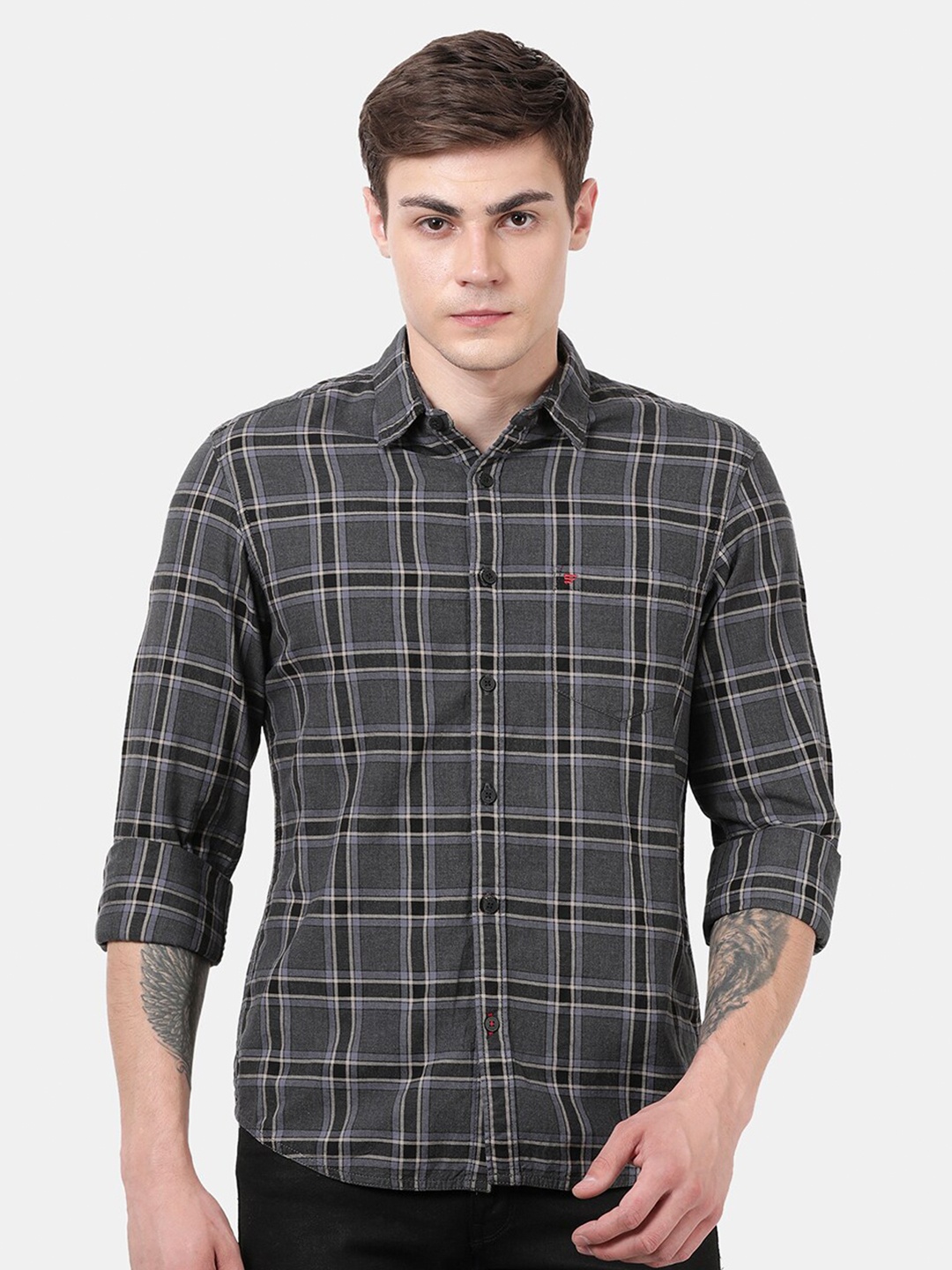 

t-base Men Grey Standard Checked Casual Shirt