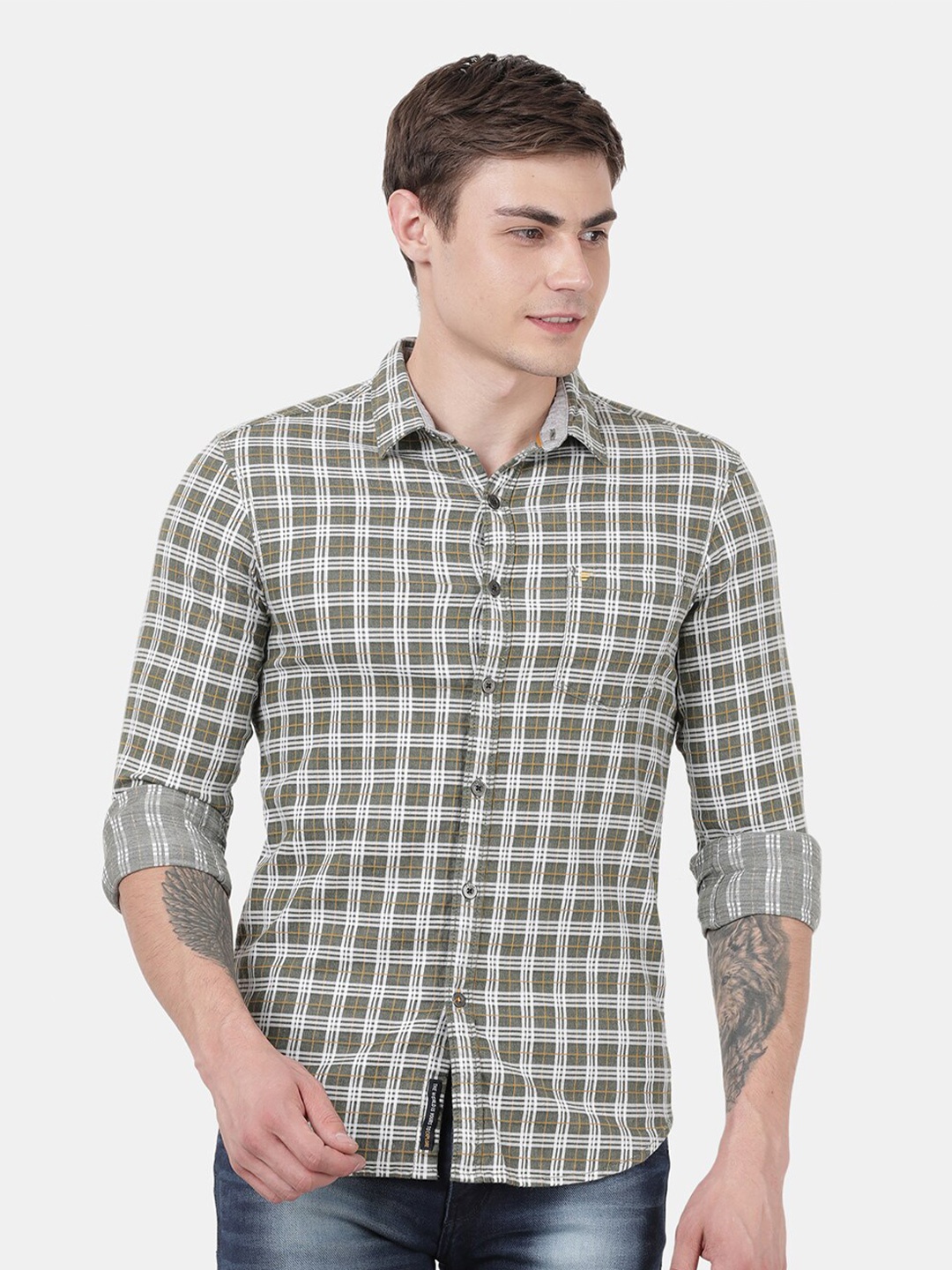 

t-base Men Olive Green Standard Checked Casual Shirt