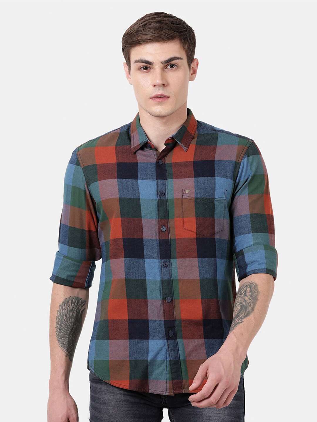 

t-base Men Orange Standard Tartan Checks Checked Casual Shirt