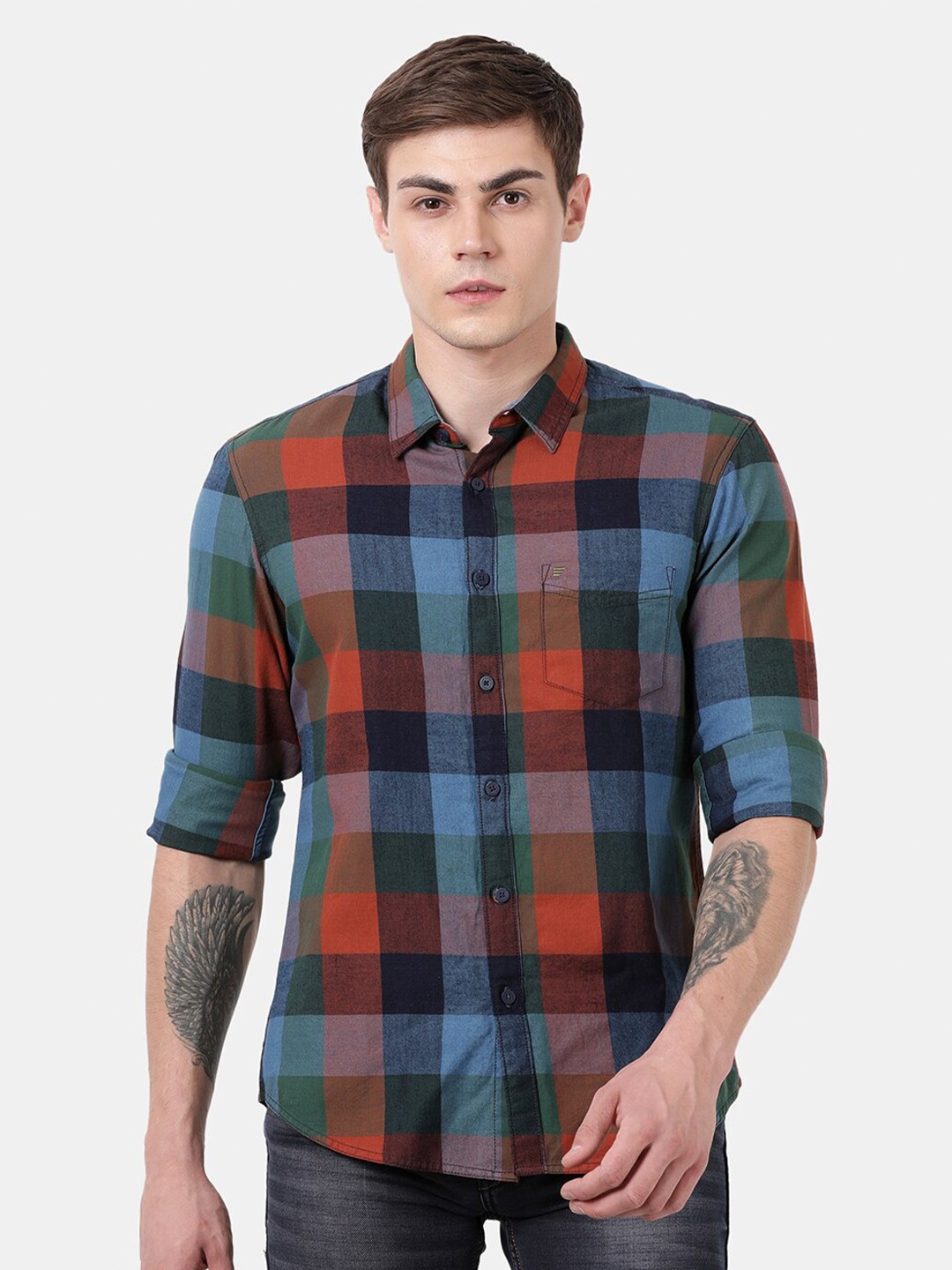 

t-base Men Orange & Blue Standard Buffalo Checked Casual Shirt