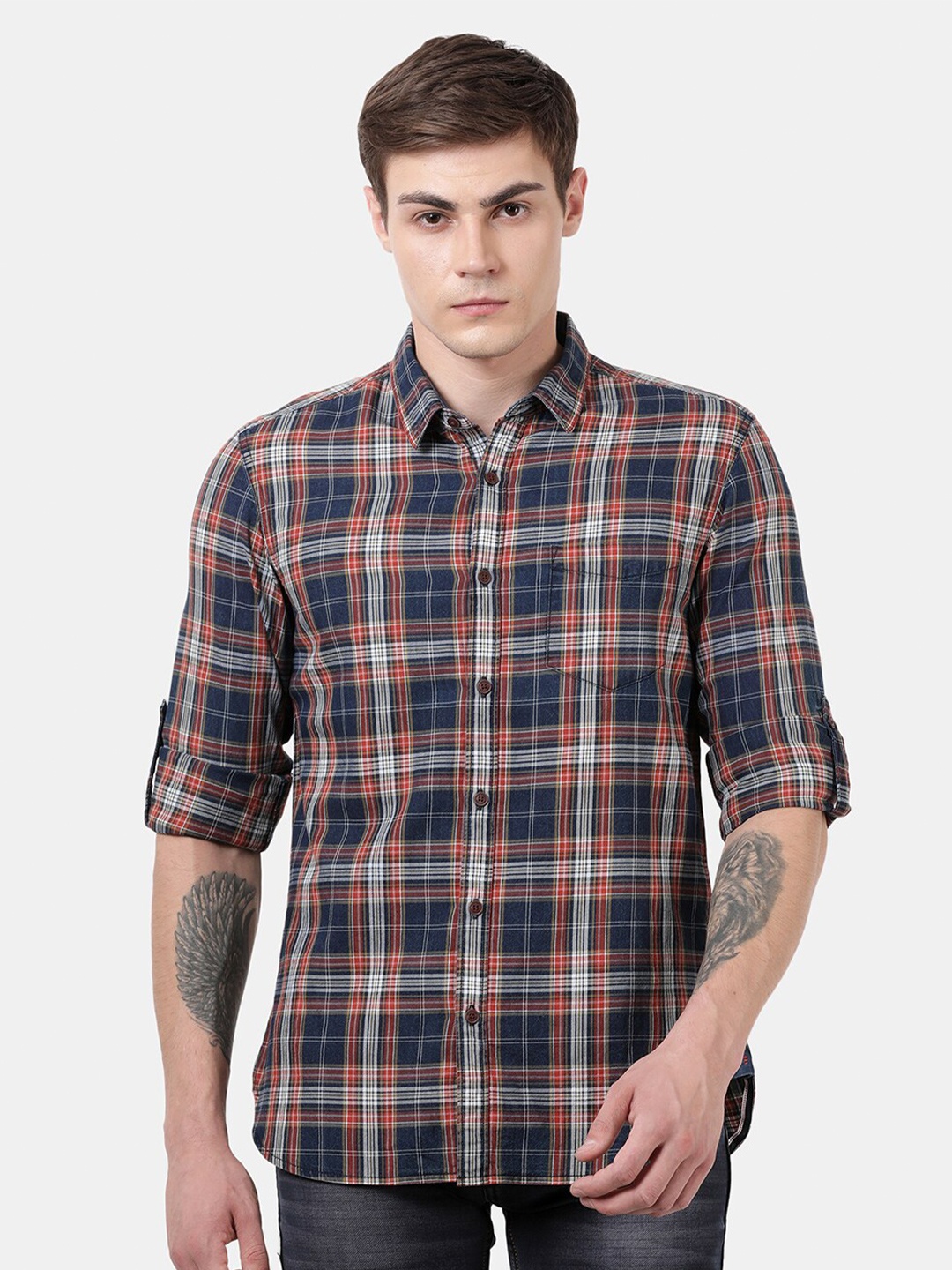 

t-base Men Orange Standard Tartan Checks Checked Casual Shirt