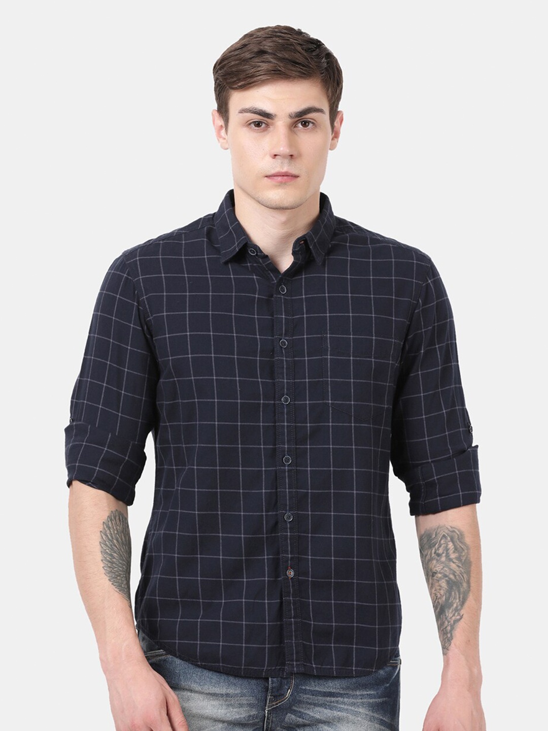 

t-base Men Navy Blue Standard Windowpane Checks Checked Casual Shirt