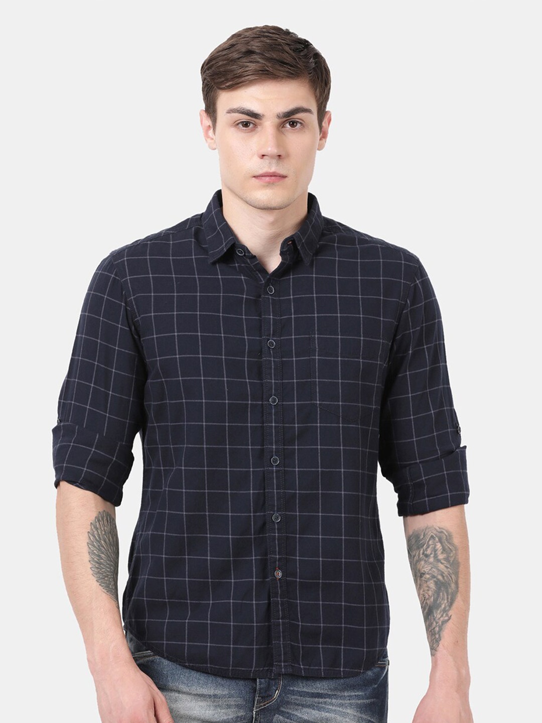 

t-base Men Navy Blue Standard Windowpane Checks Checked Casual Shirt