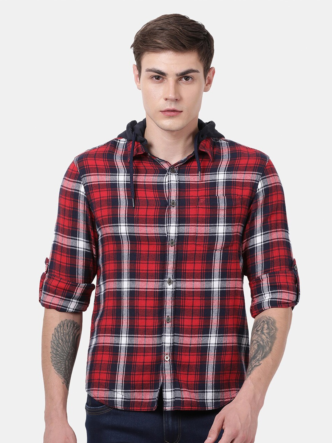 

t-base Men Red Standard Tartan Checks Checked Casual Shirt