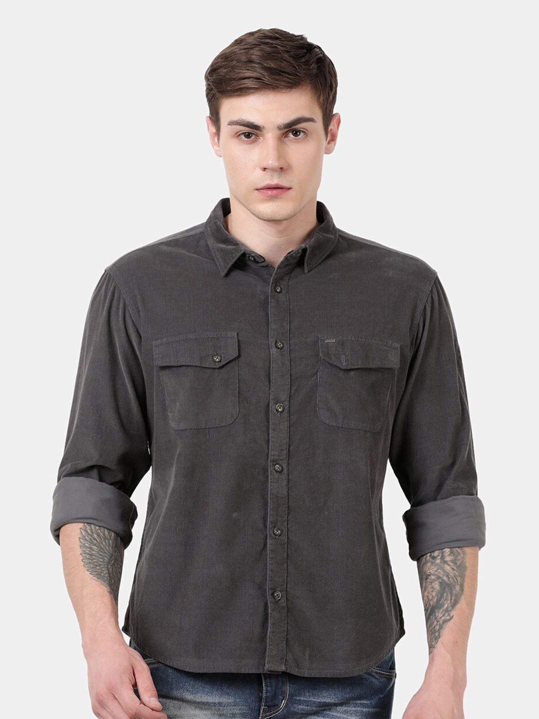 

t-base Men Grey Standard Casual Shirt