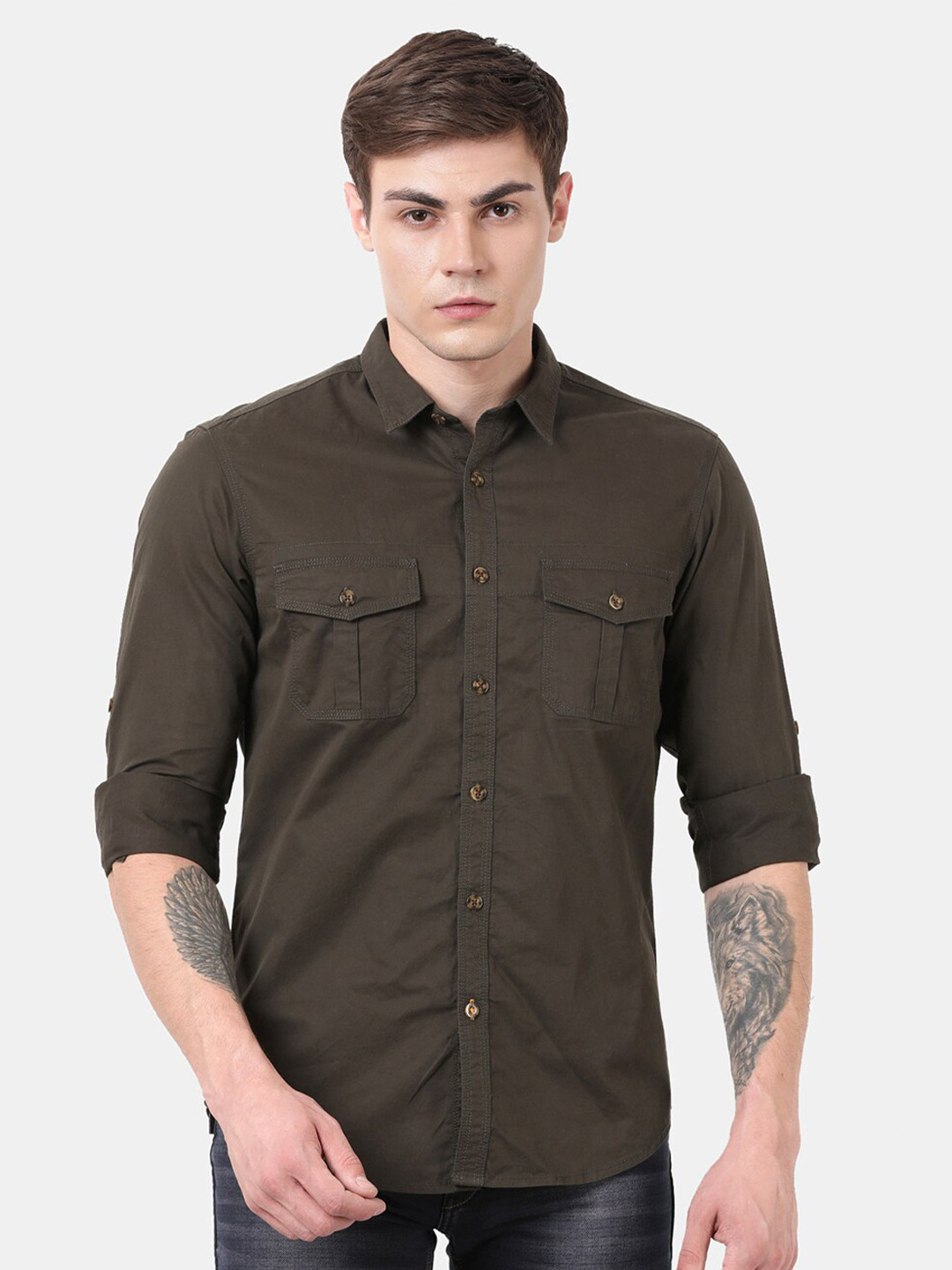 

t-base Men Olive Green Solid Casual Shirt