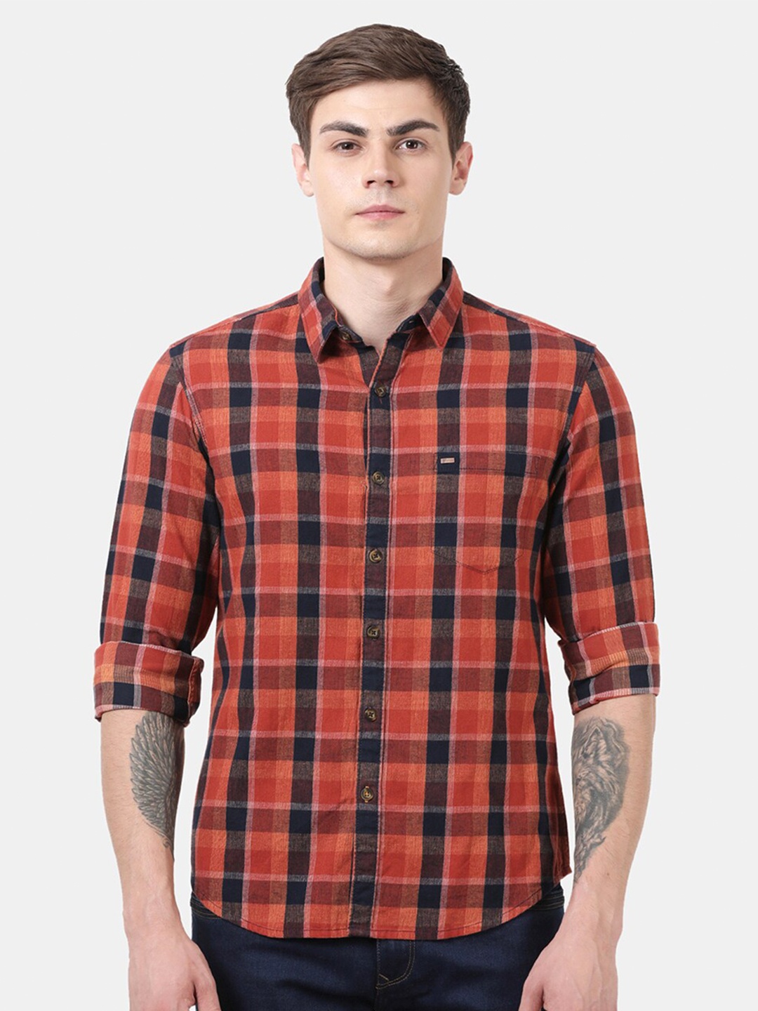 

t-base Men Red Standard Checked Casual Shirt