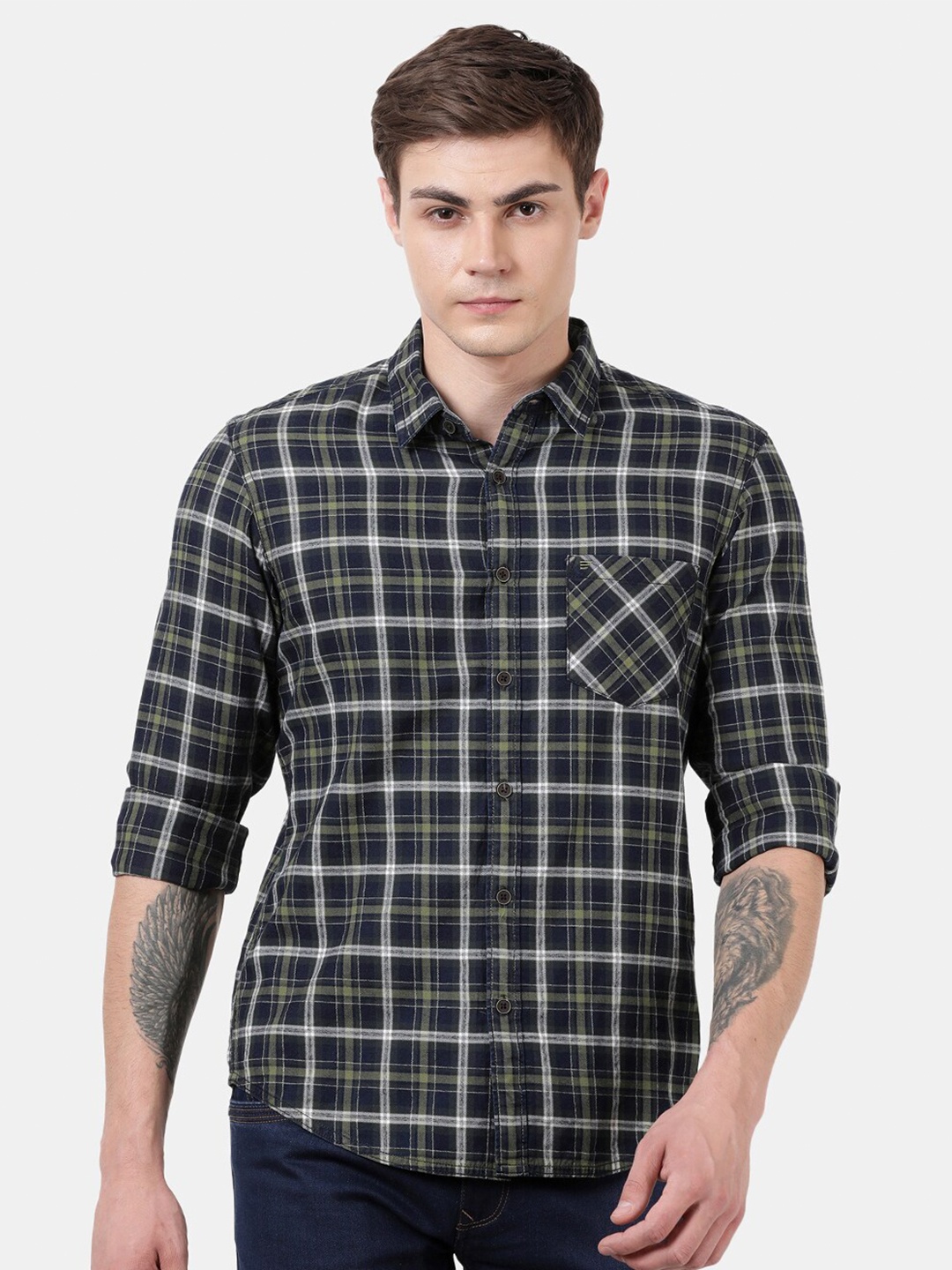 

t-base Men Green Standard Tartan Checks Checked Casual Shirt