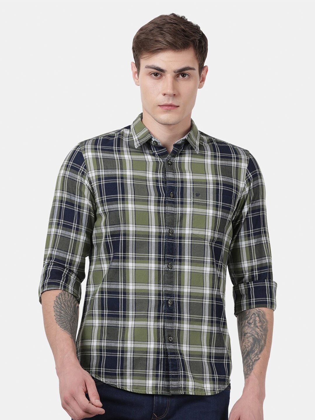 

t-base Men Green Standard Tartan Checks Checked Casual Shirt