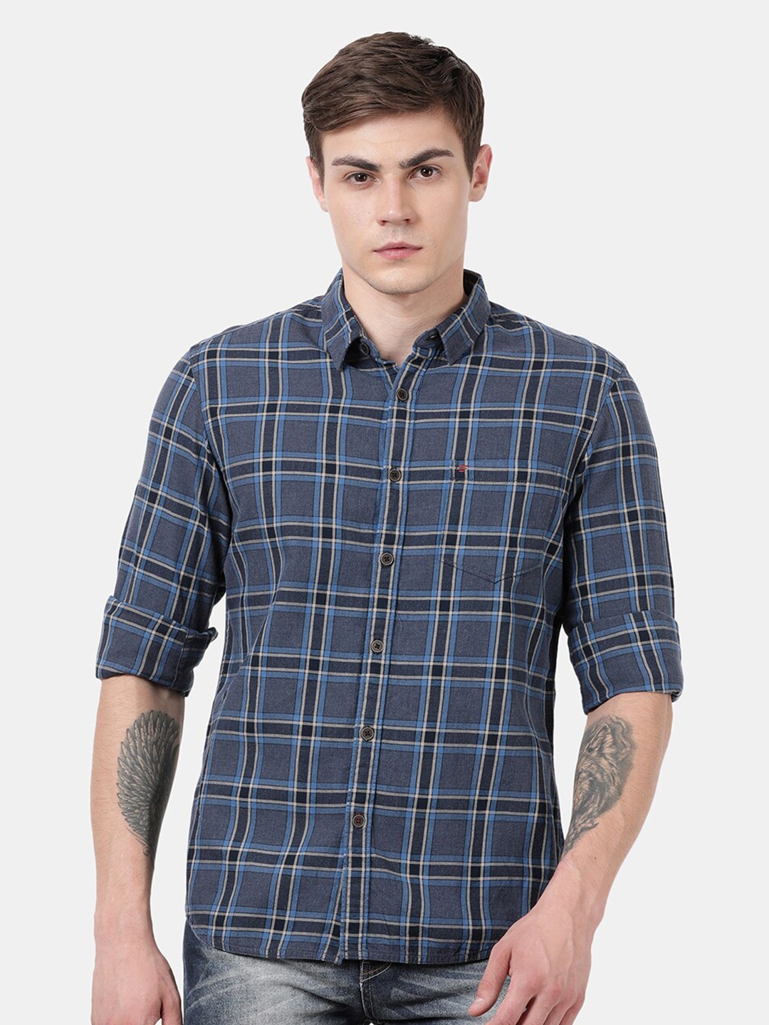 

t-base Men Blue Standard Tartan Checks Casual Shirt