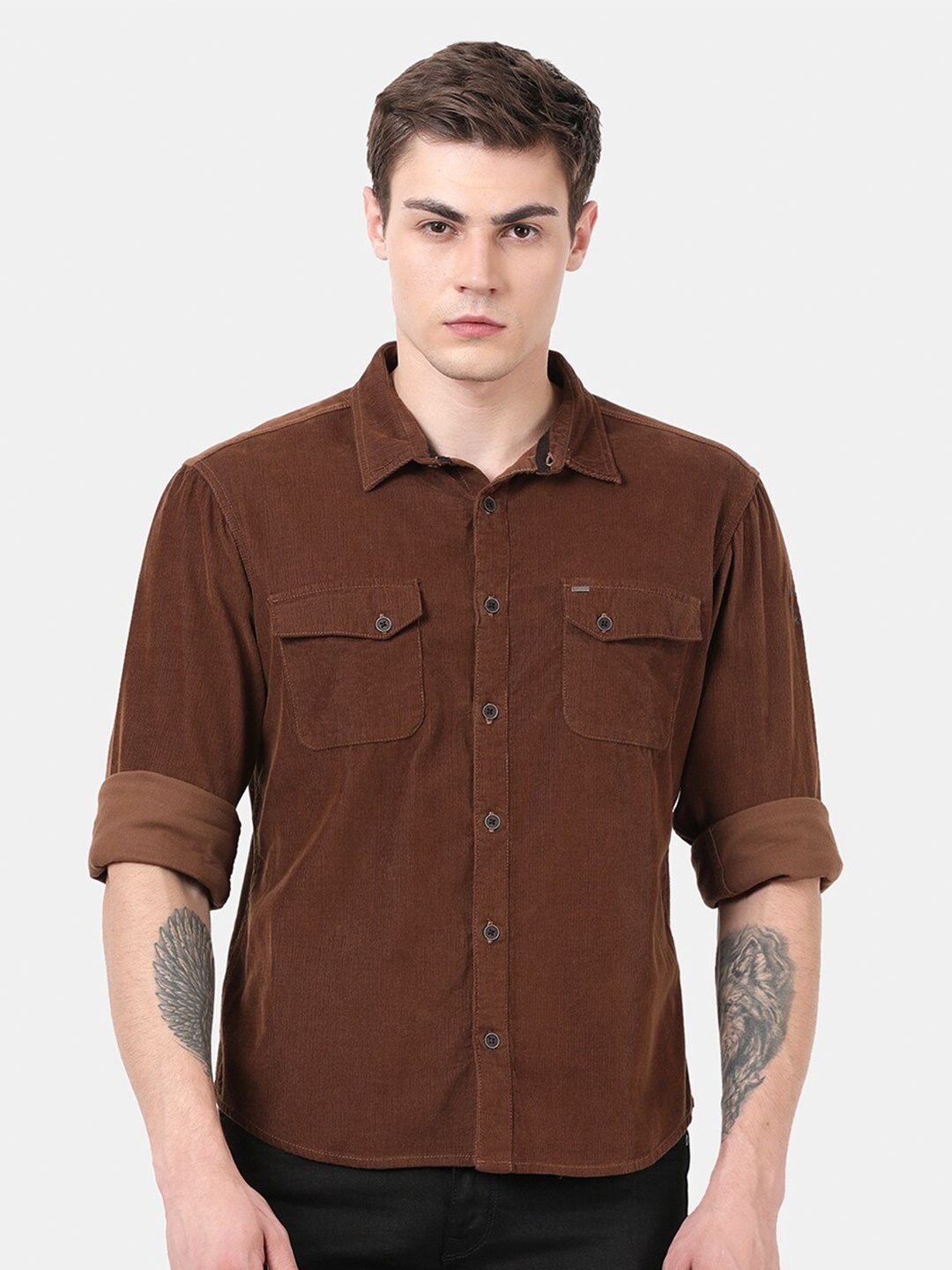 

t-base Men Brown Standard Cotton Casual Shirt