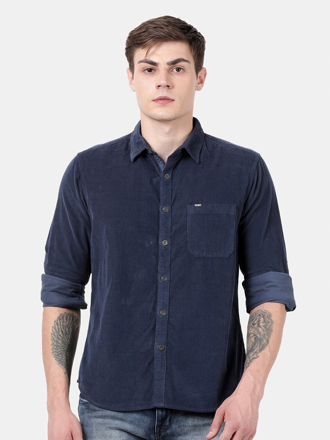 t-base Men Blue Solid Standard Casual Shirt