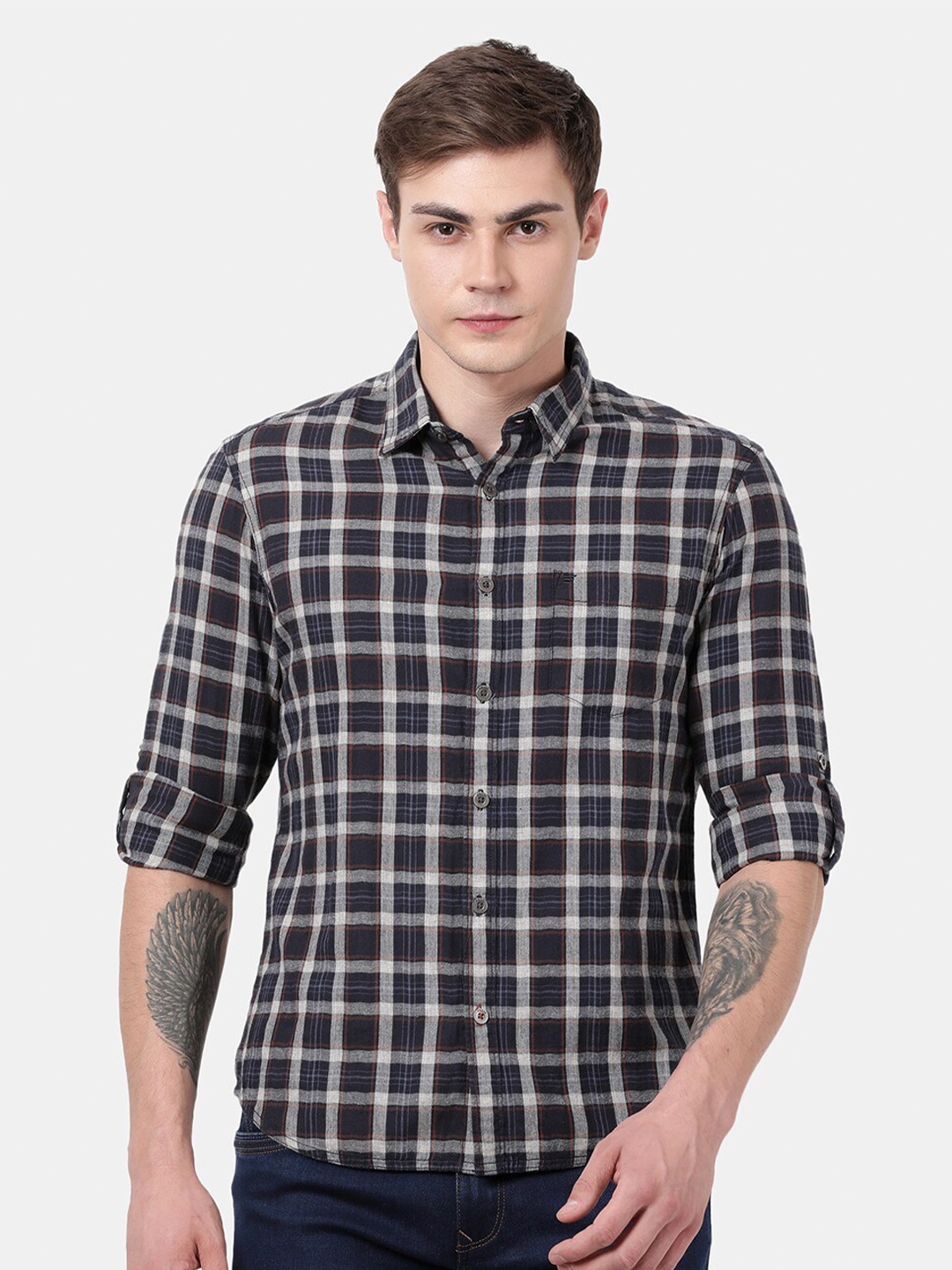 

t-base Men Brown Standard Tartan Checks Checked Casual Shirt