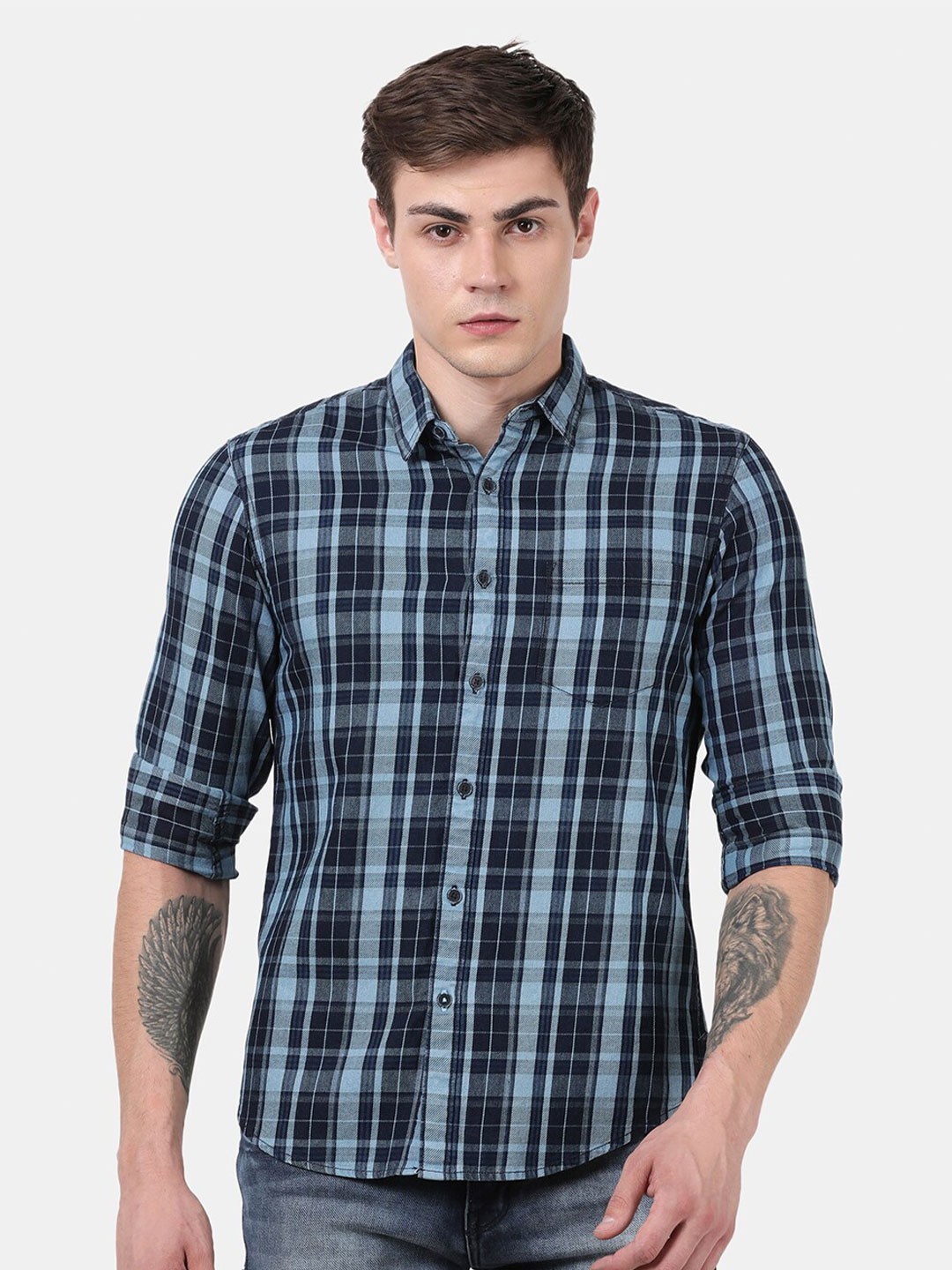 

t-base Men Blue Standard Tartan Checks Checked Casual Shirt