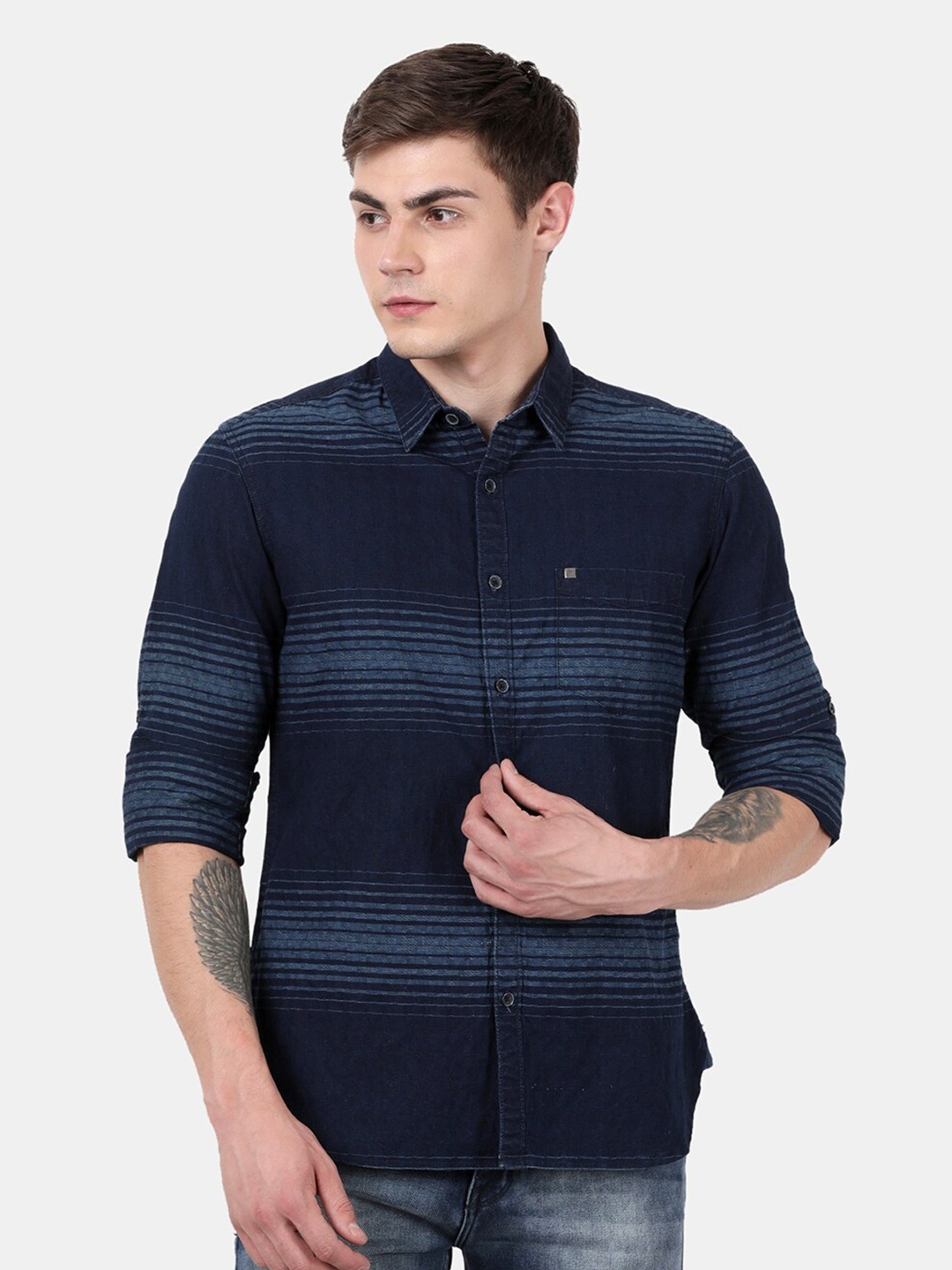 

t-base Men Blue Standard Horizontal Stripes Striped Casual Shirt