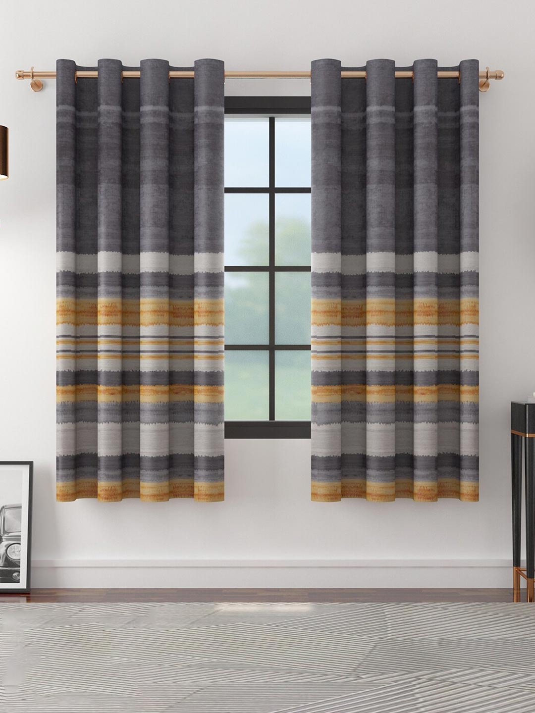 

HomeTown Grey & Yellow Pack of 2 Striped Window Curtain