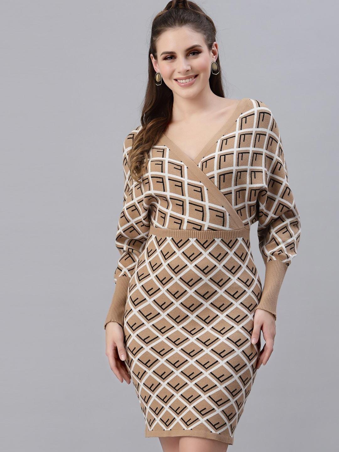 

Mafadeny Women Khaki Checked Sheath Dress