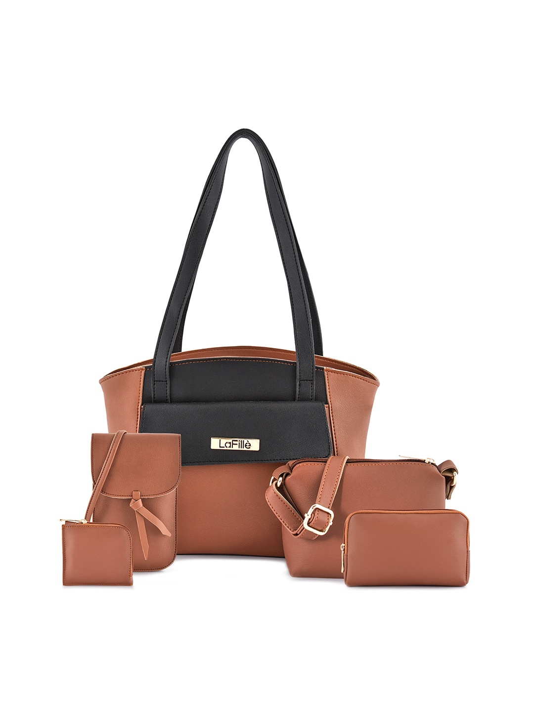 

LaFille Tan Women Pack of 5 Colourblocked PU Shopper Shoulder Bag with Bow Detail