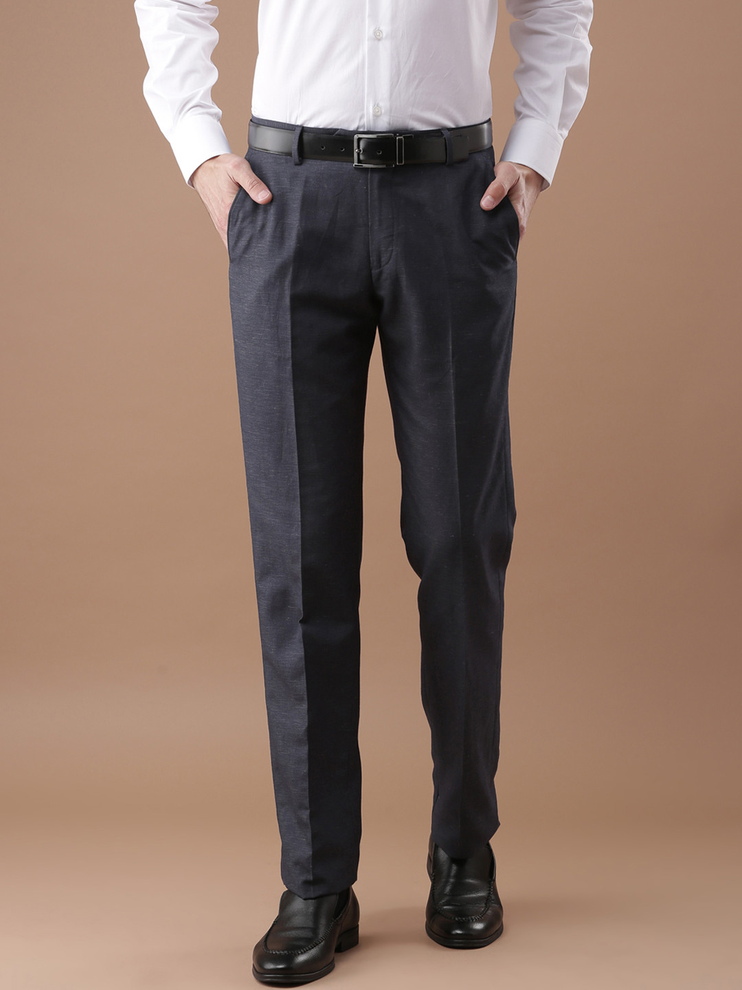 

Louis Philippe Men Navy Blue Self Design Ultra Slim Fit Formal Trousers