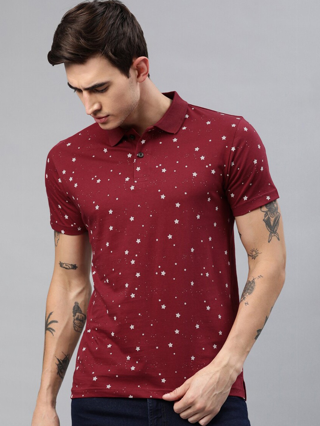 

Kryptic Men Maroon Printed Polo Collar T-shirt