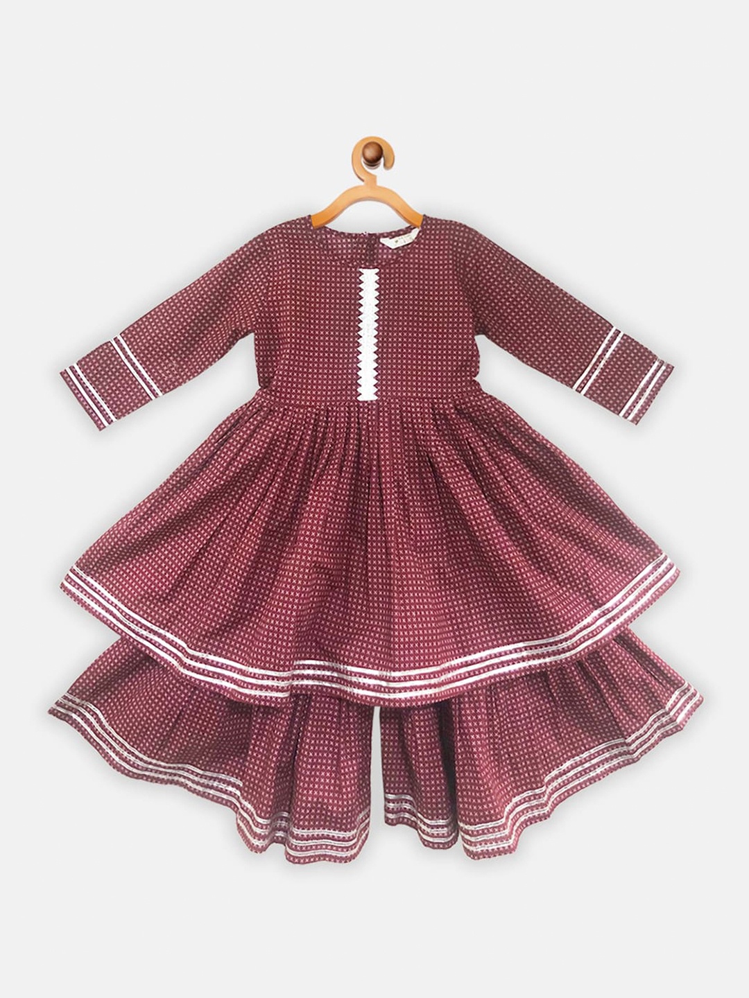 

Ahalyaa Girls Maroon Printed Gotta Patti Pure Cotton Kurta with Sharara