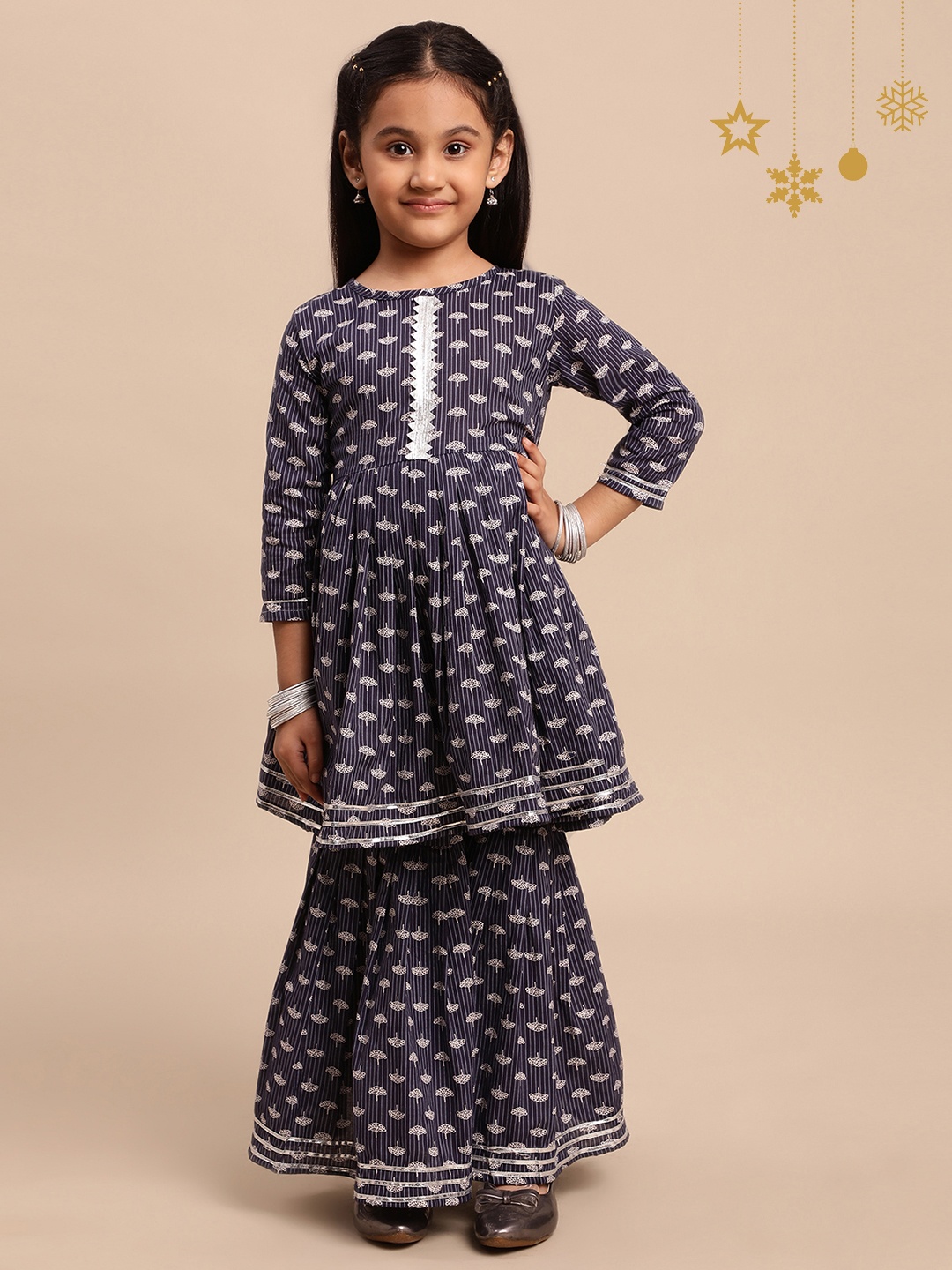 

Ahalyaa Girls Navy Blue Floral Printed Gotta Patti Pure Cotton Kurti with Sharara