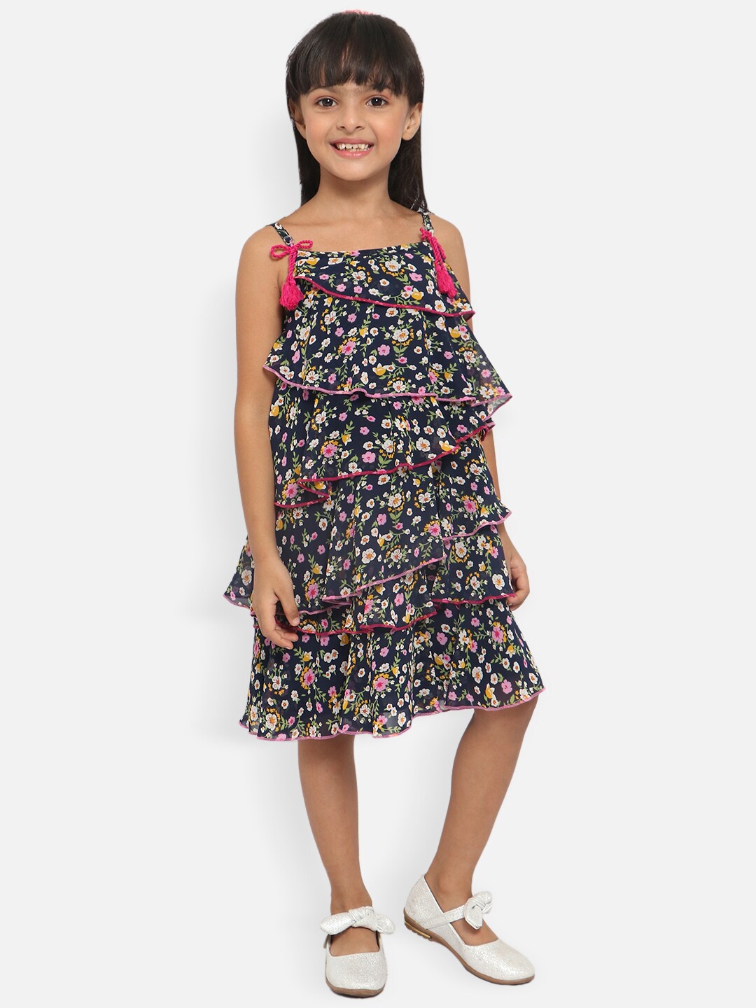 

Nauti Nati Girls Navy Blue & Pink Floral Layered Georgette A-Line Dress