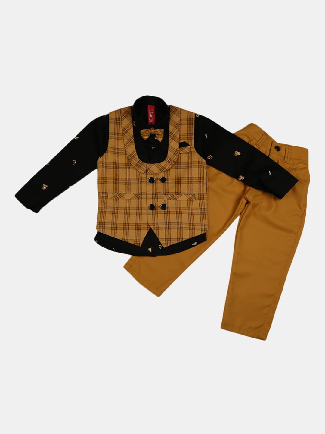 

V-Mart Boys Mustard & Black Printed Shirt with Trousers Comes With a Waistcoat & Bow