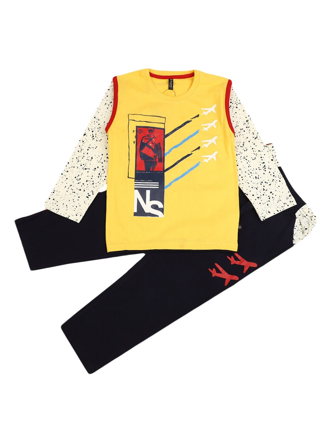 

V-Mart Boys Yellow & Black Printed T-shirt Pure Cotton with Trousers