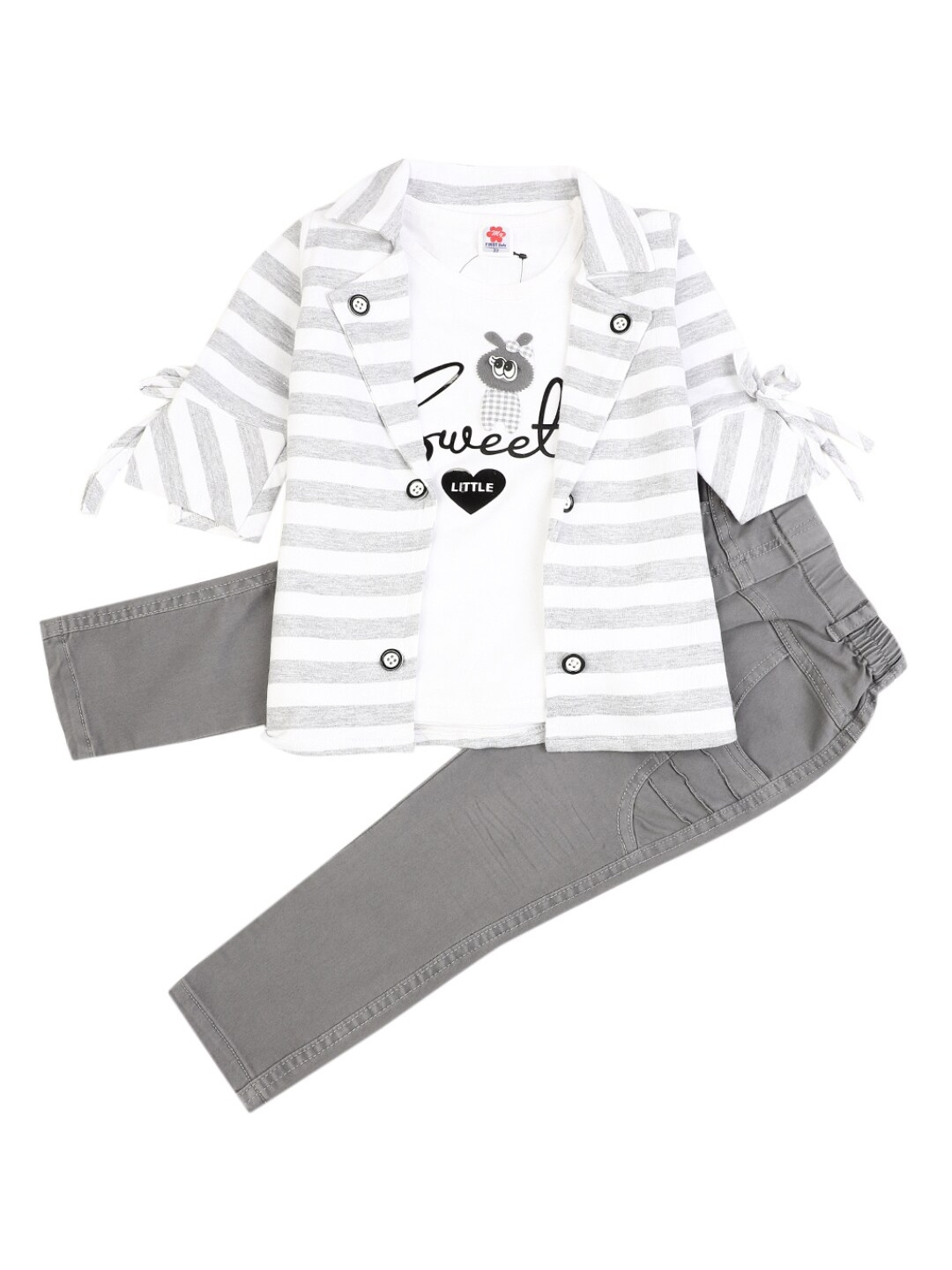 

V-Mart Girls Grey & White Striped T-shirt with Trousers