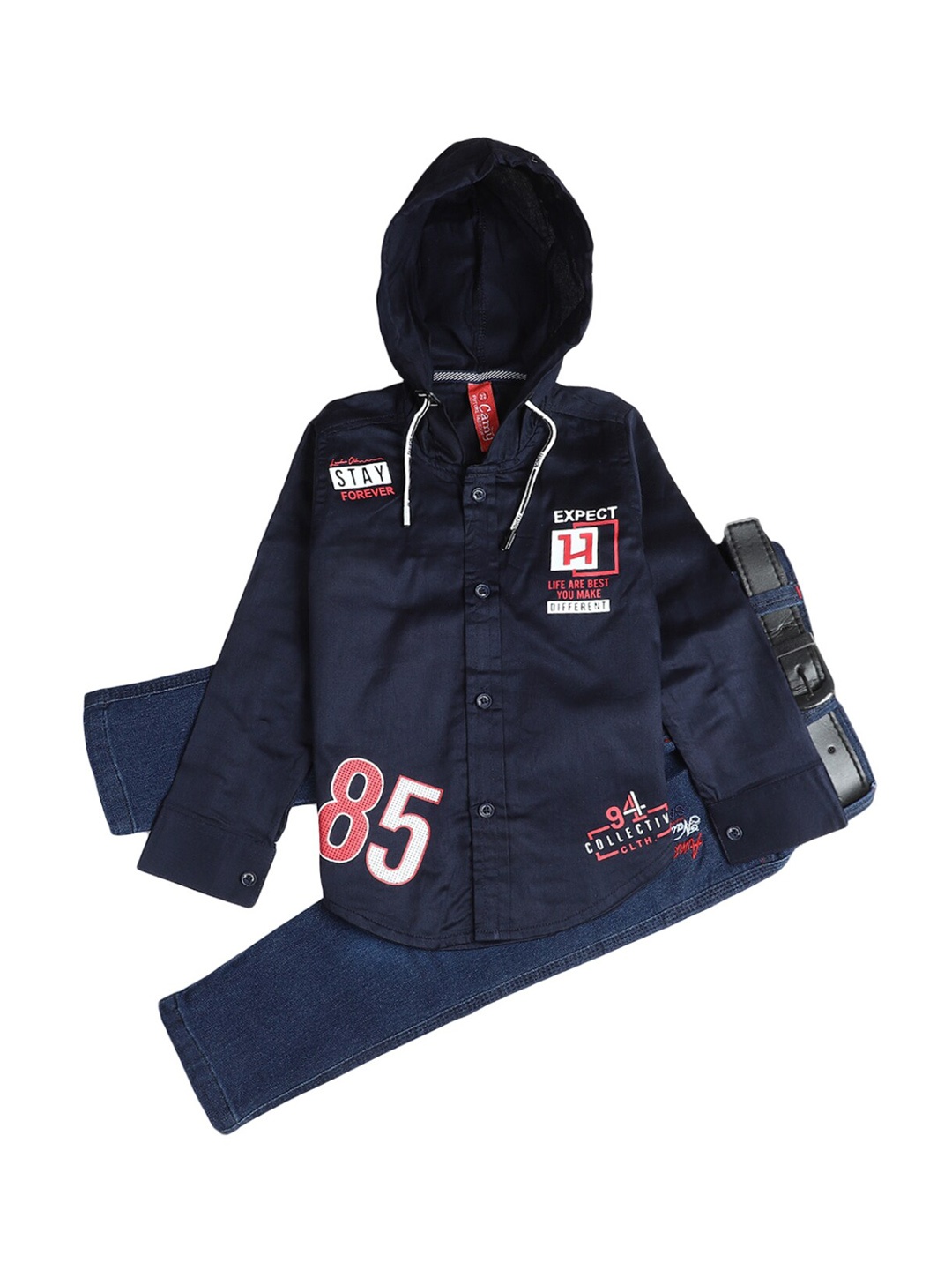 

V-Mart Kids Navy Blue & Red Printed Woven-Denim Hooded Neck Baba Suit