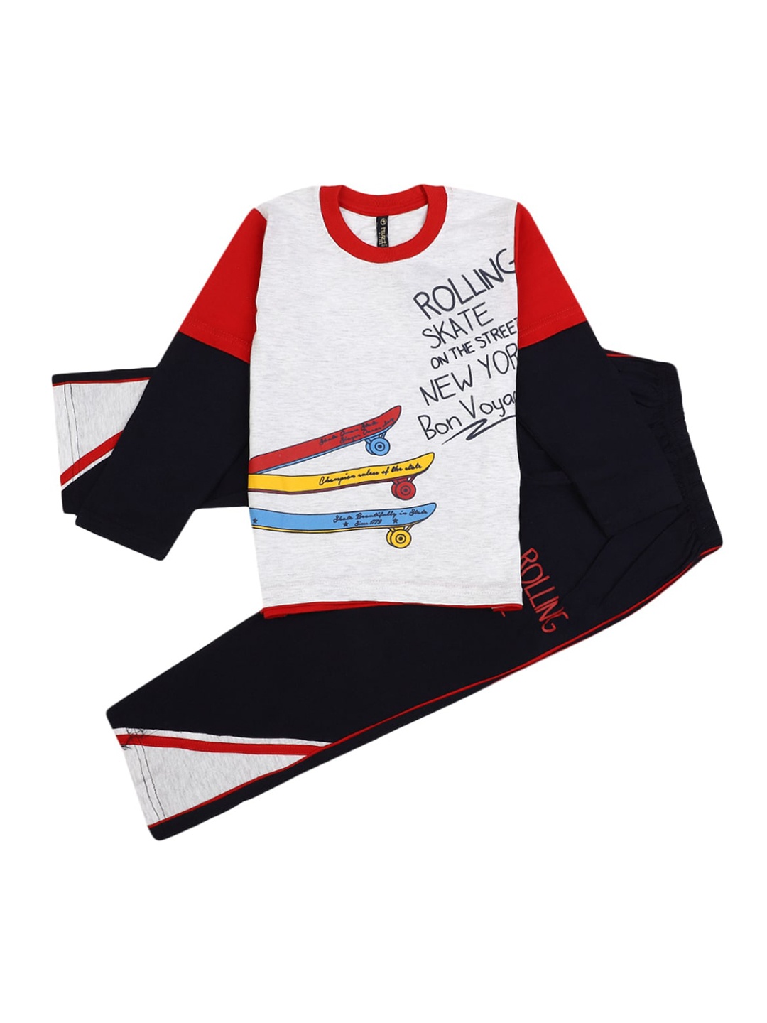 

V-Mart Kids White & Navy Blue Colourblocked T-shirt with Trouser