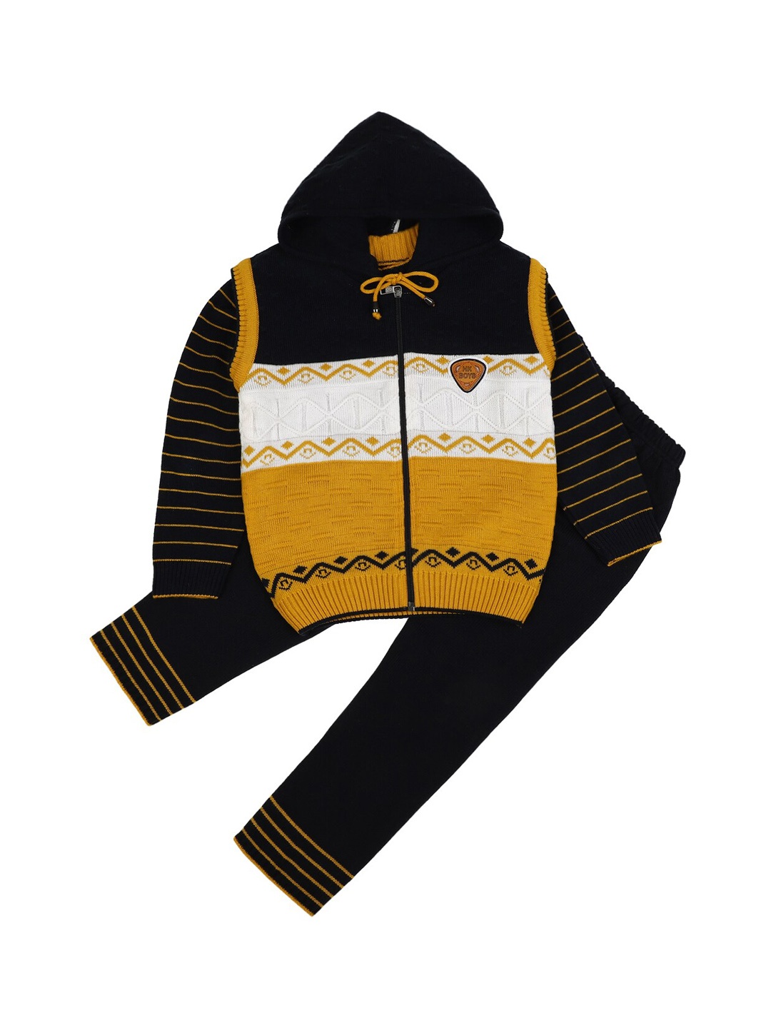 

V-Mart Unisex Kids Mustard & Black Colourblocked Hooded Pure Cotton T-shirt with Trousers