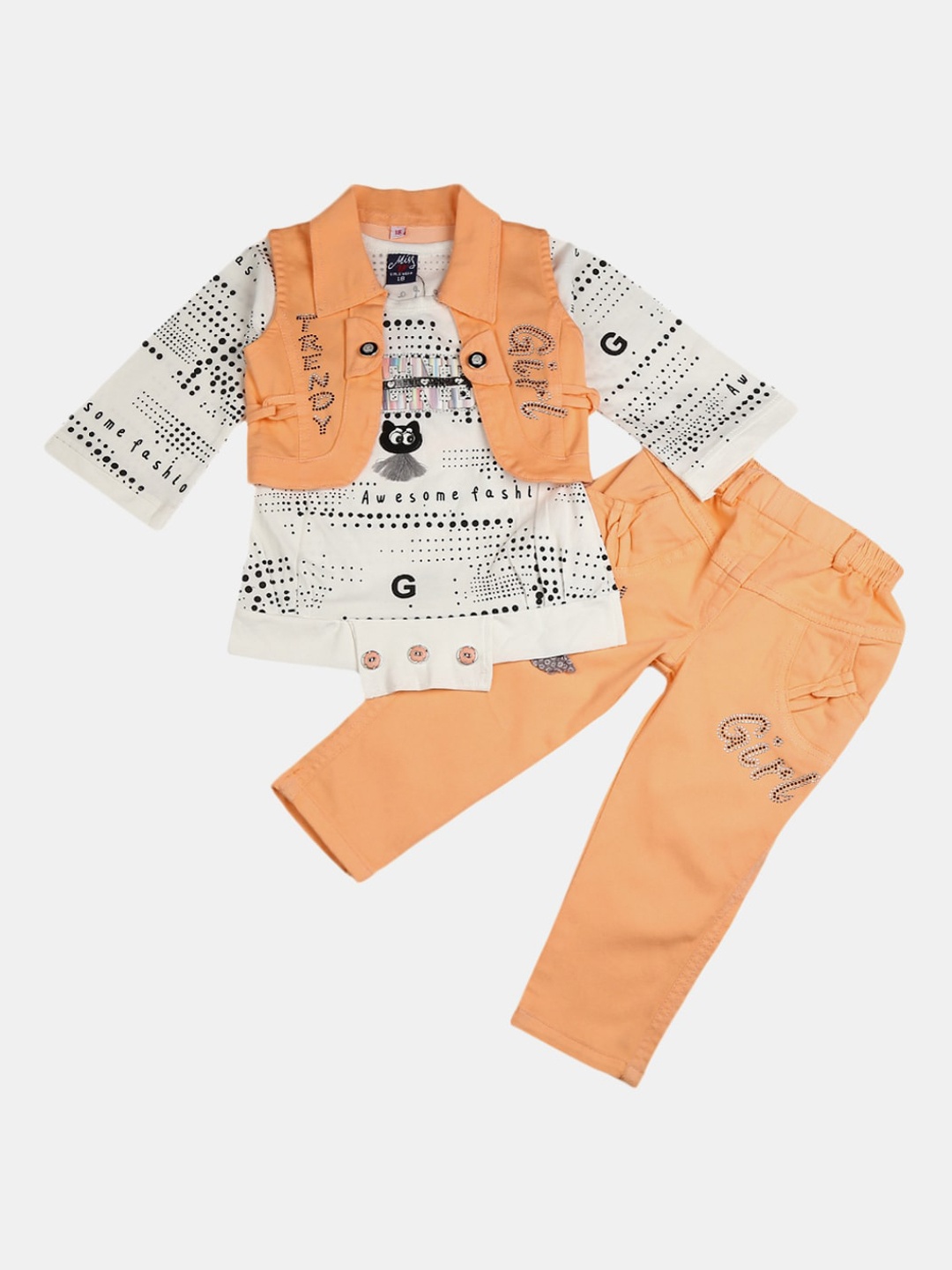 

V-Mart Unisex Kids Peach-Coloured & White Printed T-shirt with Trousers