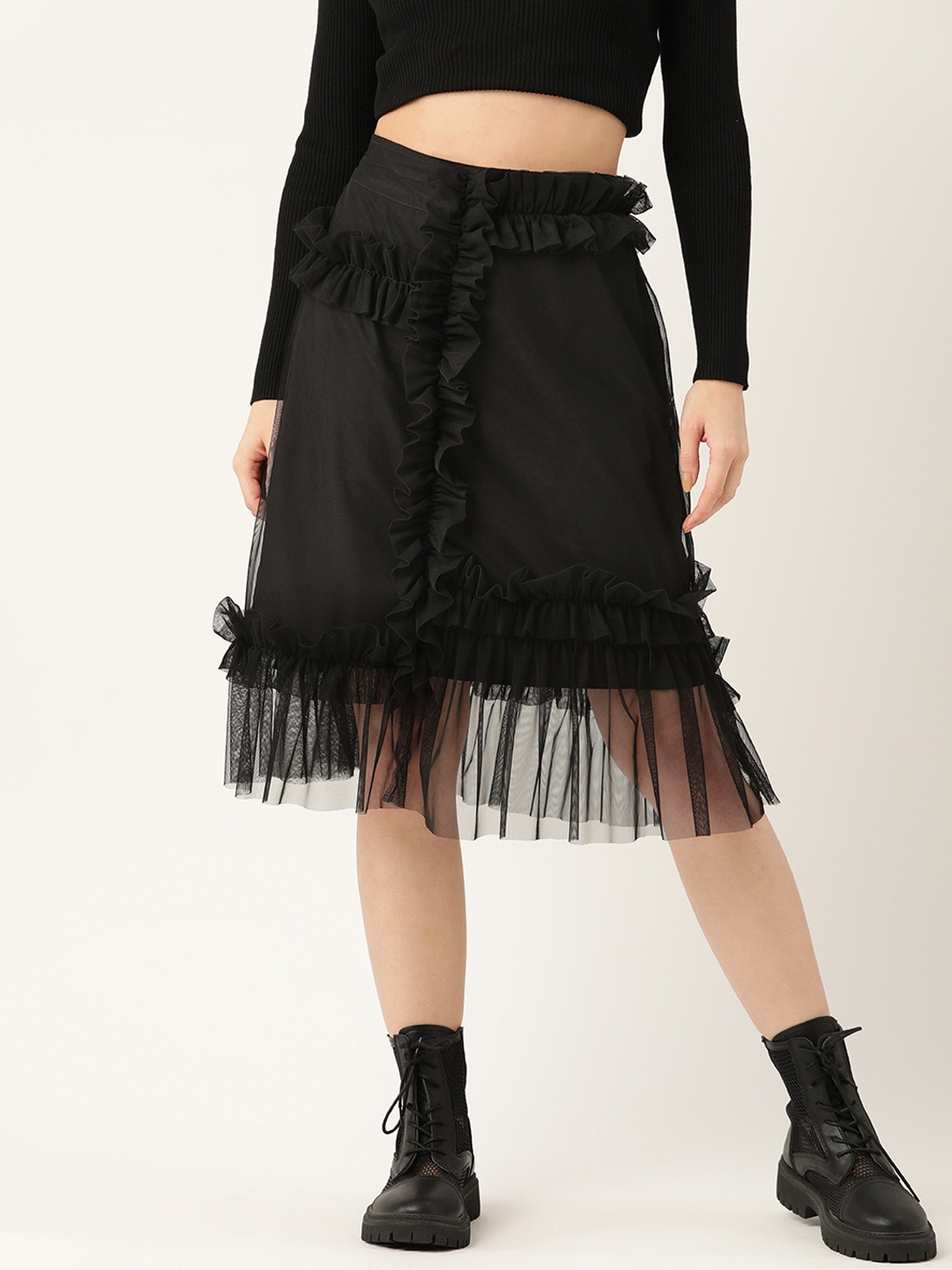 

Antheaa Women Black Solid Frilled A-Line Net Skirt