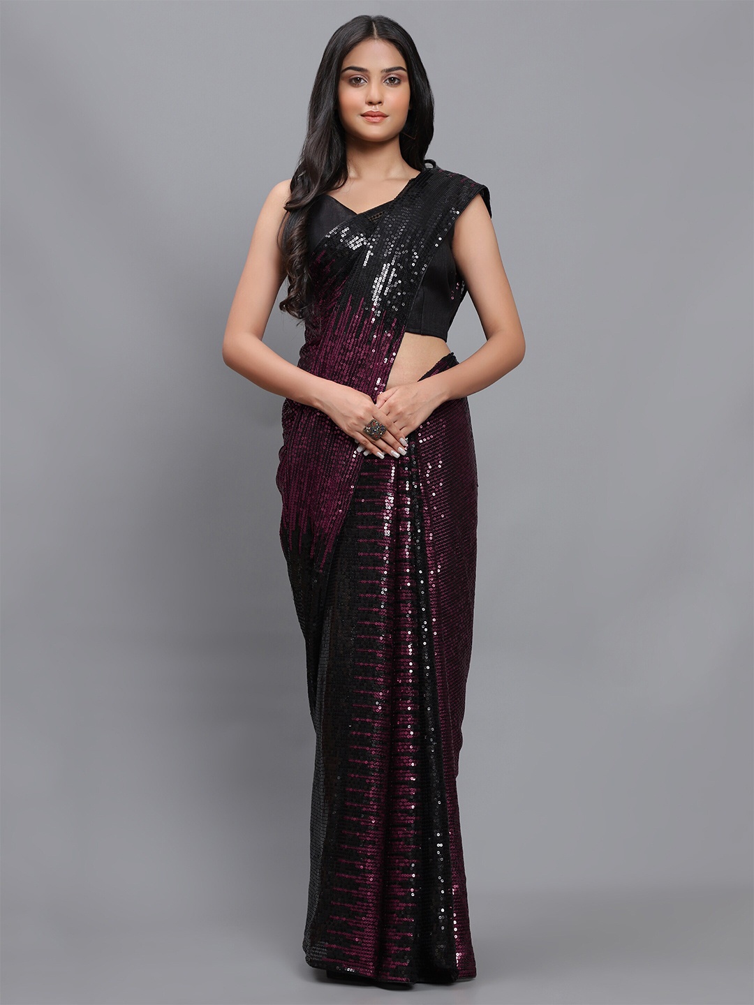 

3BUDDY FASHION Magenta & Black Embellished Sequinned Dharmavaram Saree