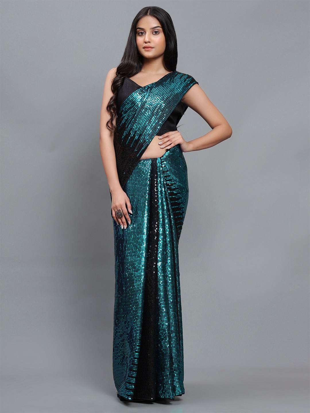 

3BUDDY FASHION Turquoise Blue & Black Embellished Sequinned Dharmavaram Saree