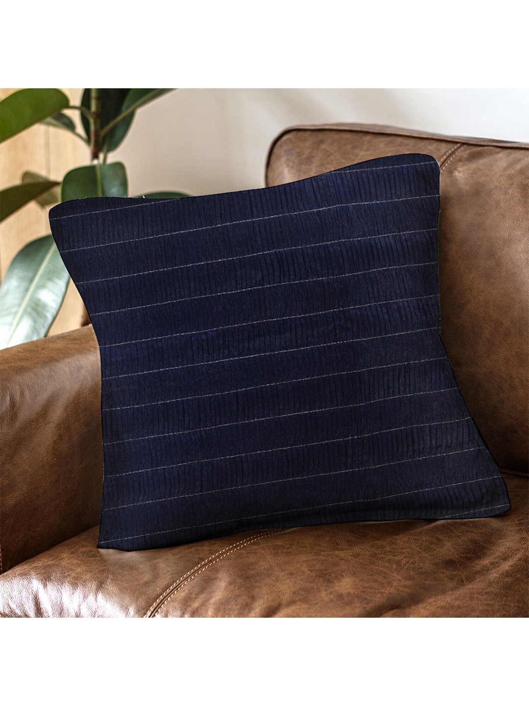 

HomeTown Navy Blue & Grey Striped Silk Square Cushion Covers