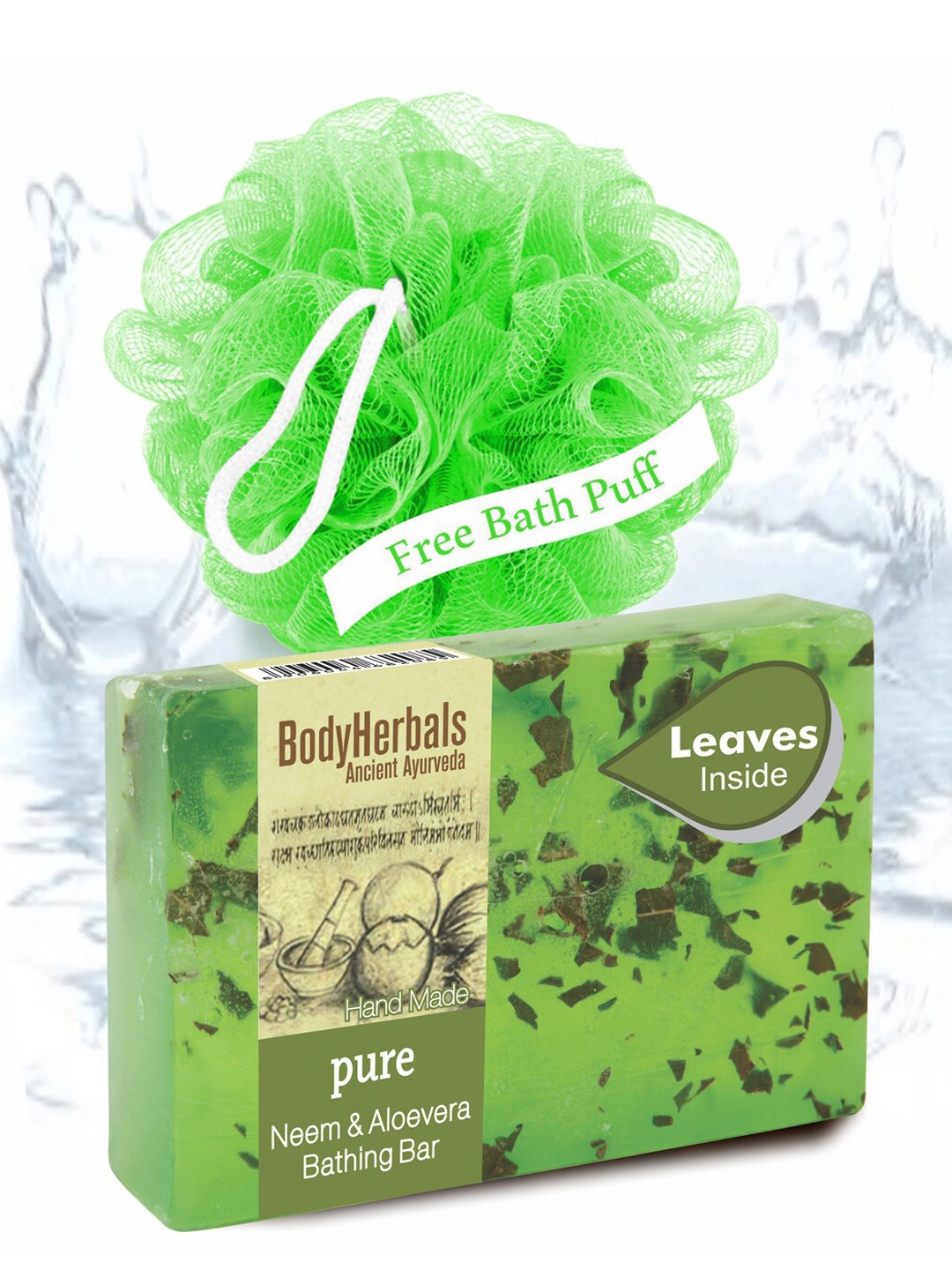 

BodyHerbals Pure Neem Aloevera Bathing Soap Bar with Natural Chunks 100g & Free Bath Puff, Green