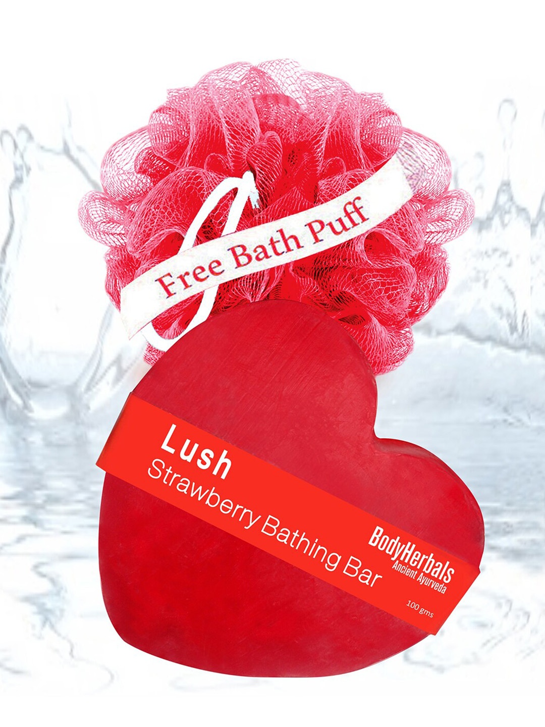 

BodyHerbals Lush Strawberry Bathing Soap Bar with Free Bath Puff 100g, Red