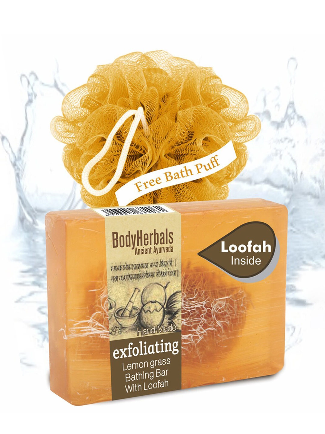 

BodyHerbals Exfoliating Lemongrass Bathing Soap Bar with Natural Chunks & Free Bath Puff, Mustard