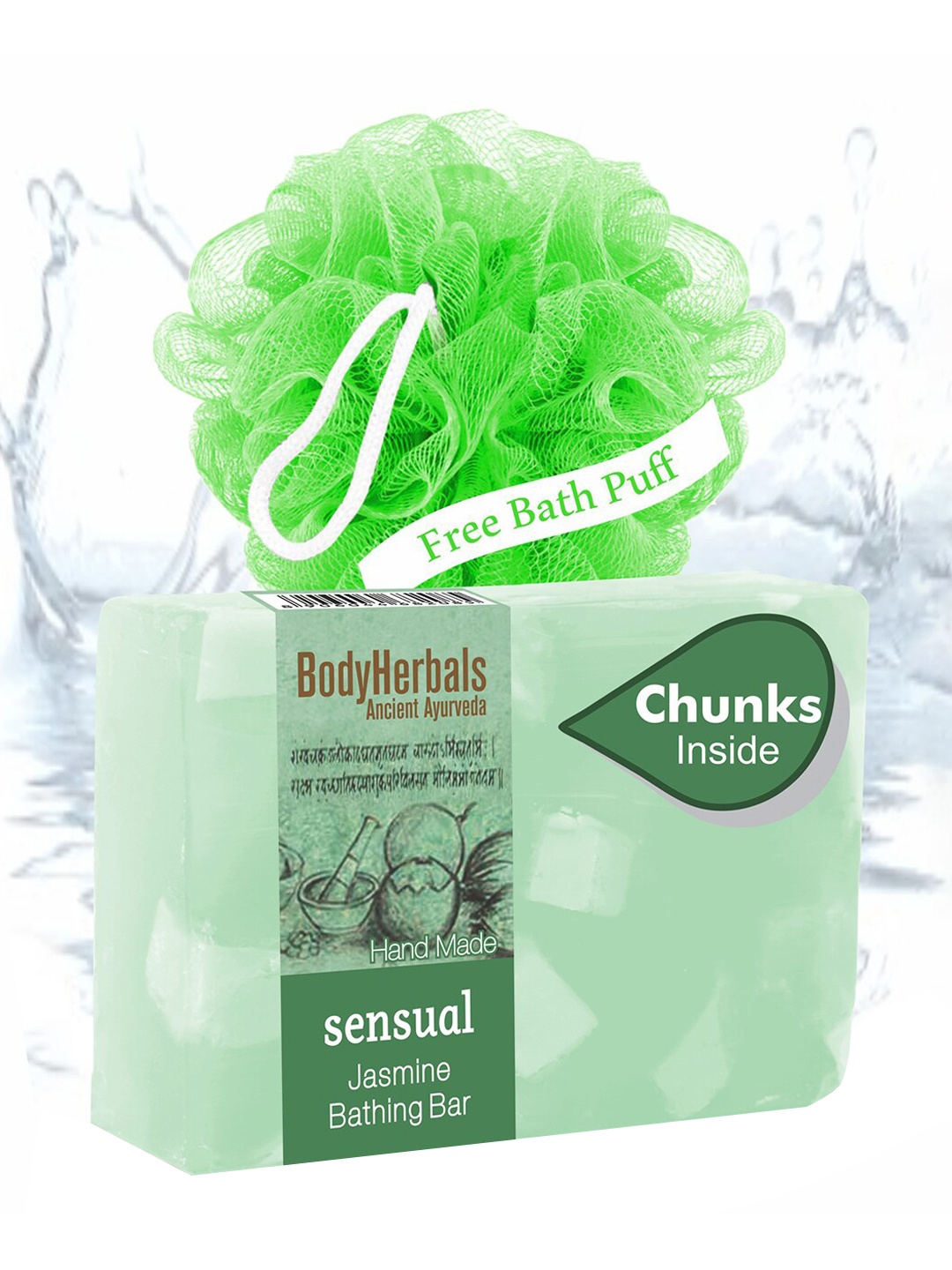 

BodyHerbals Sensual Jasmine Bathing Soap Bar with Free Bath Puff - 100 g, Green