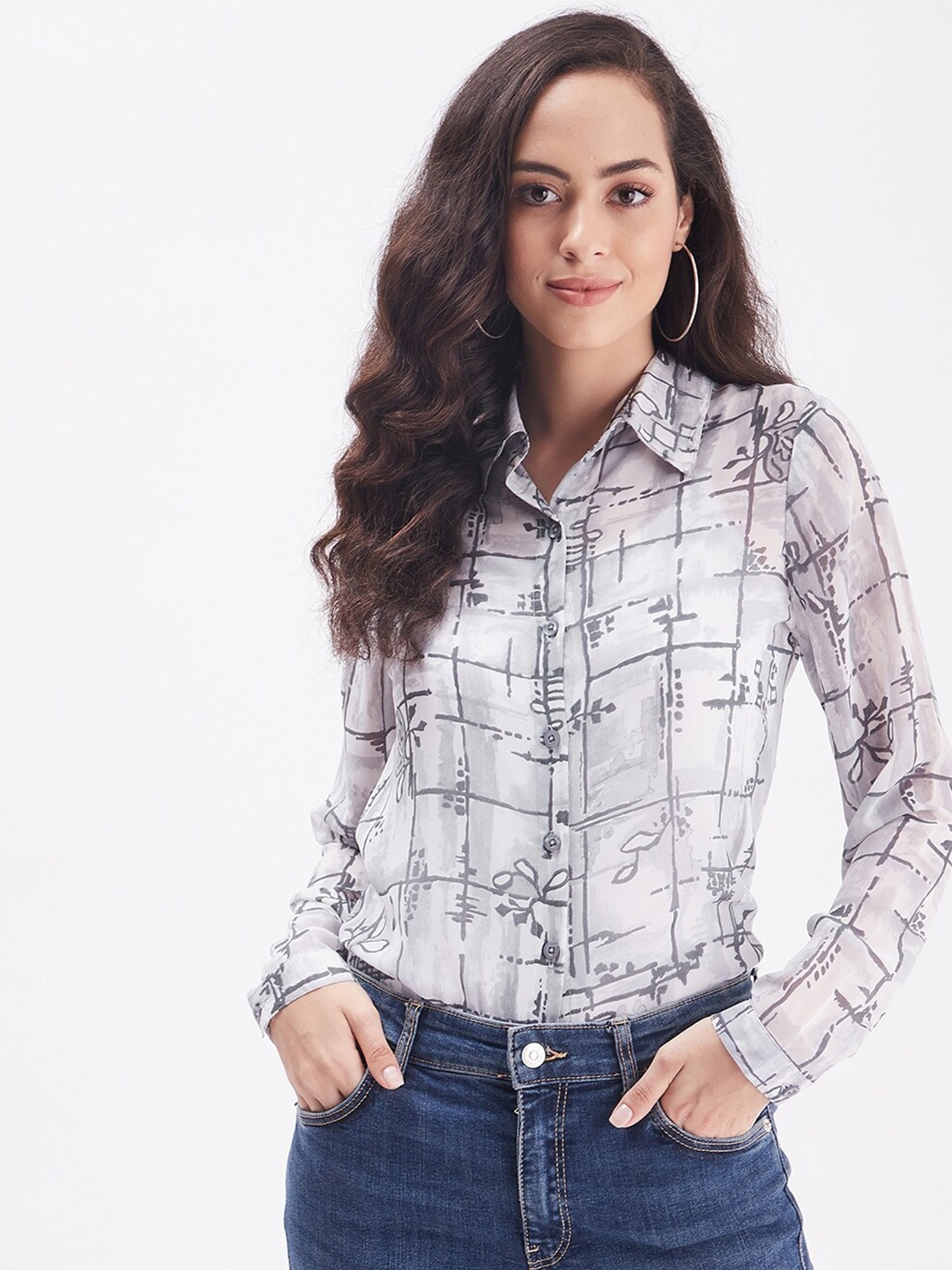 

PURYS Women White Smart Semi Sheer Printed Casual Shirt