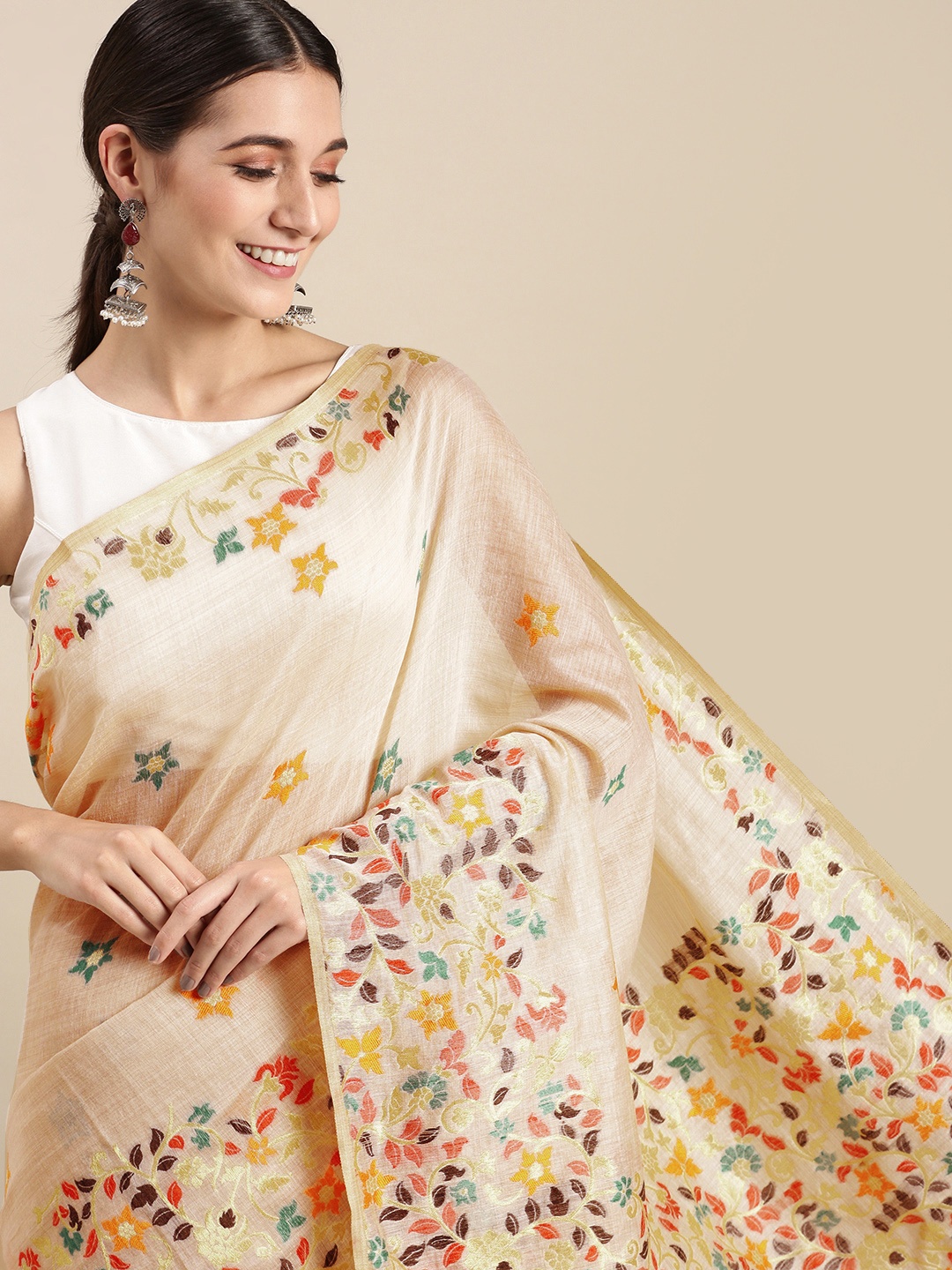 

Rani Saahiba Beige Woven Design Art Silk Jamdani Saree