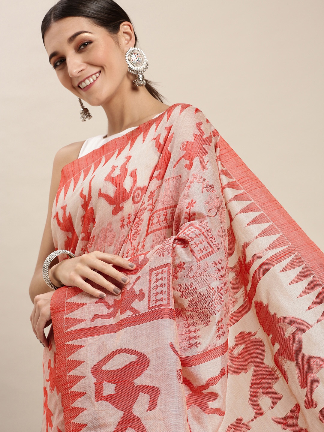 

Rani Saahiba Beige & Red Woven Design Art Silk Jamdani Saree